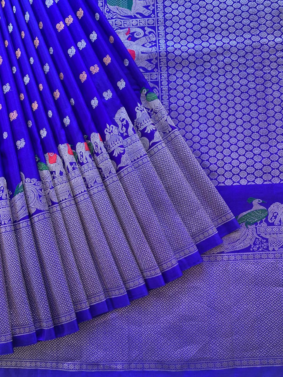 Royal Blue Pure Handloom Gadwal Saree Turning Borders