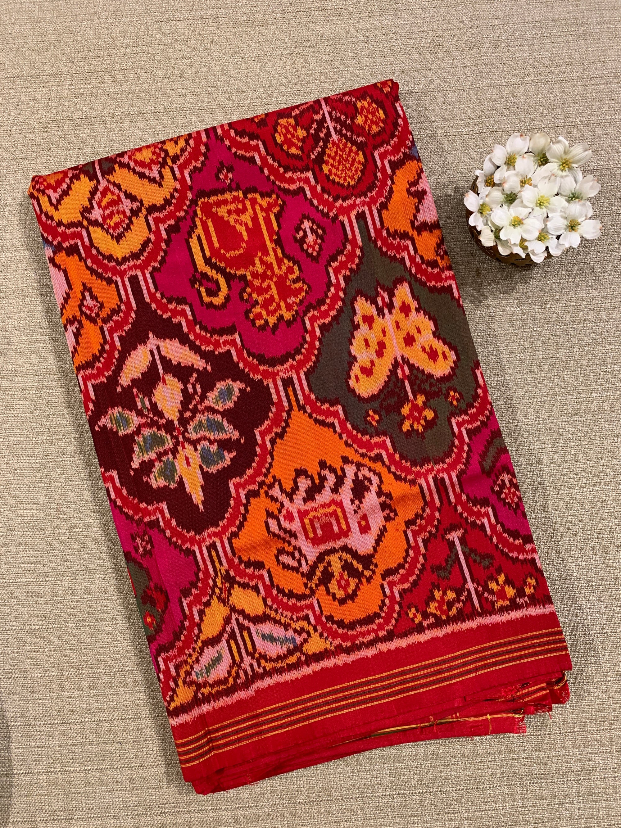 Orange , Red & yellow Combo Pure Patan Patola Saree With Allover Creeper Design