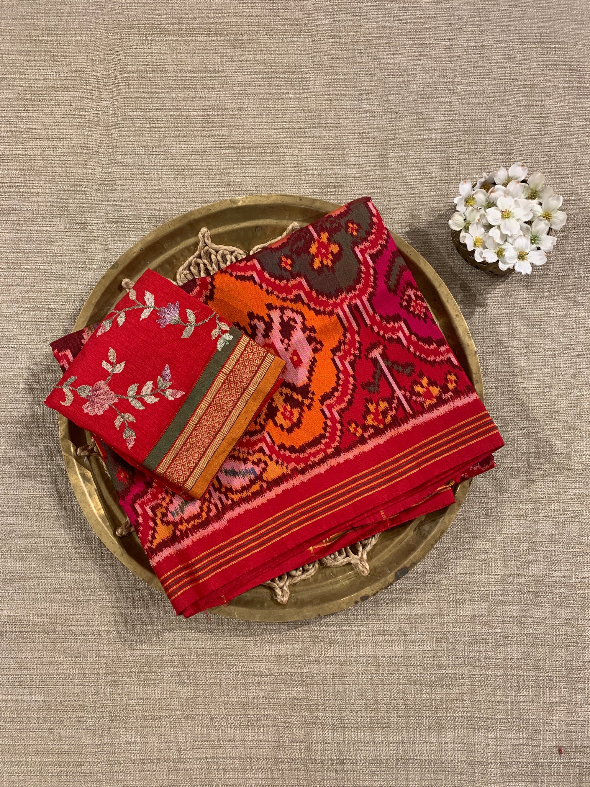 Orange , Red & yellow Combo Pure Patan Patola Saree With Allover Creeper Design