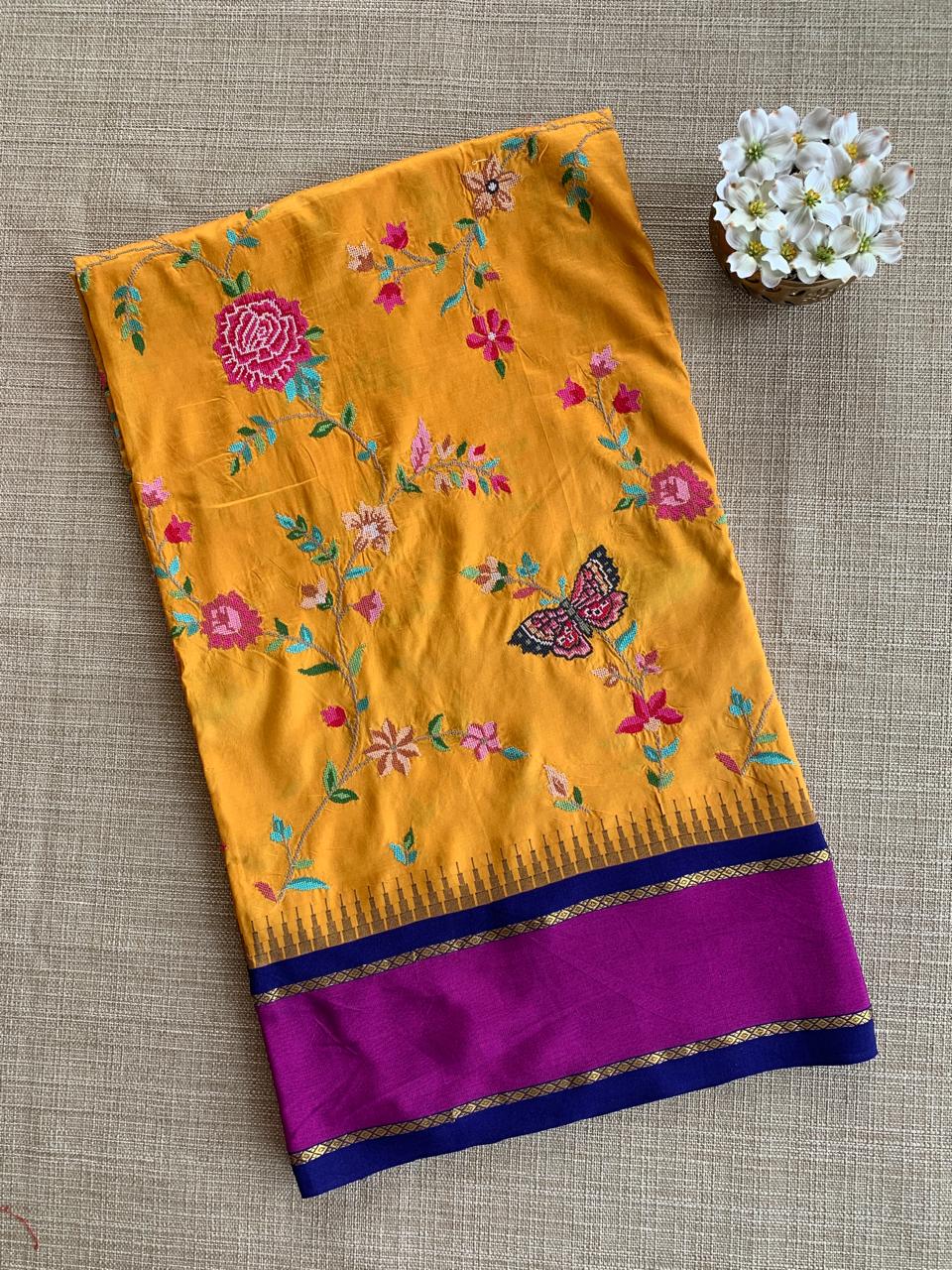Kanchi Gap Border Saree With Allover Petite Point Embroidery