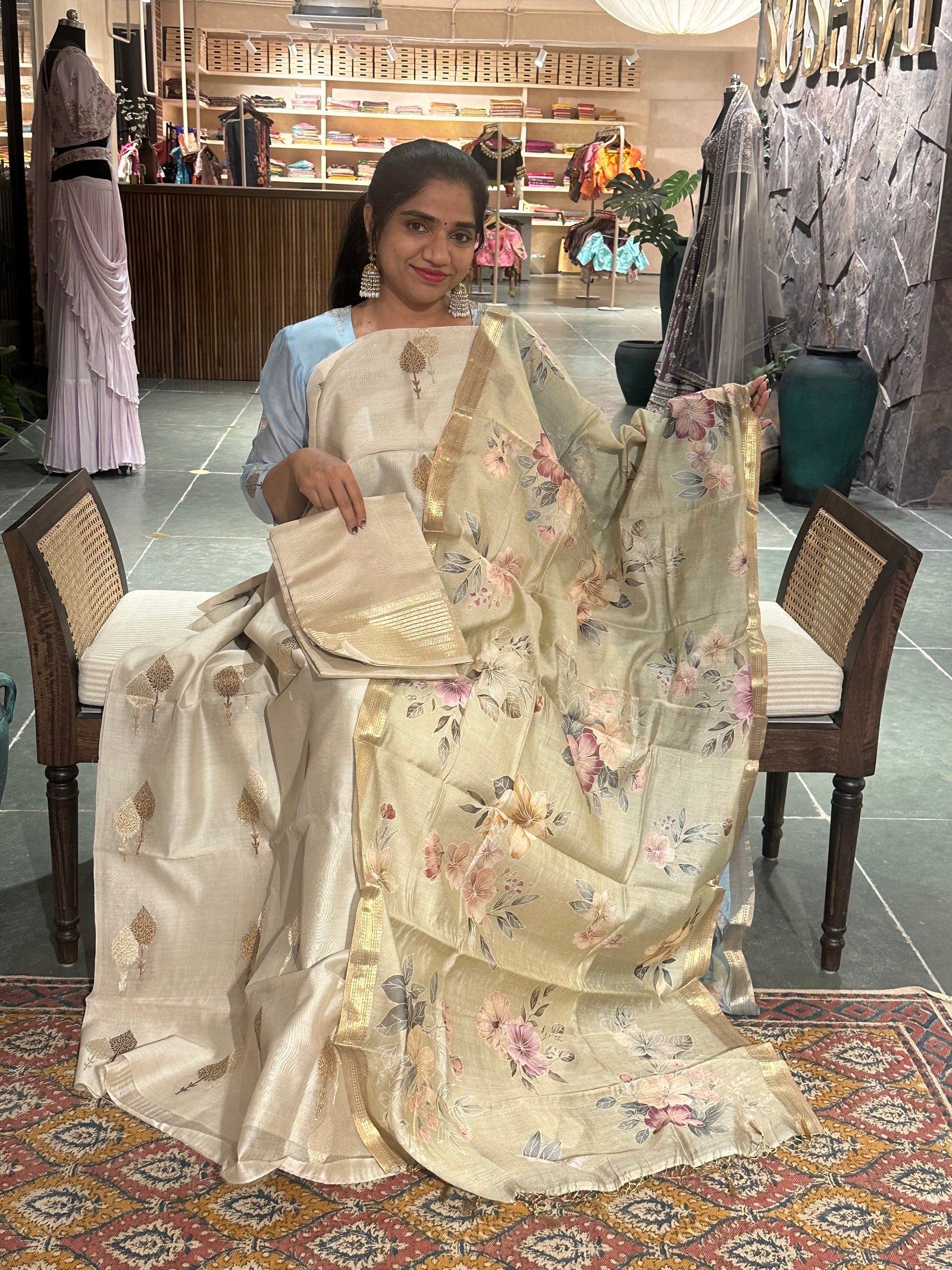 Beige/ light pista Banarasi Silk Cotton Suit Sets