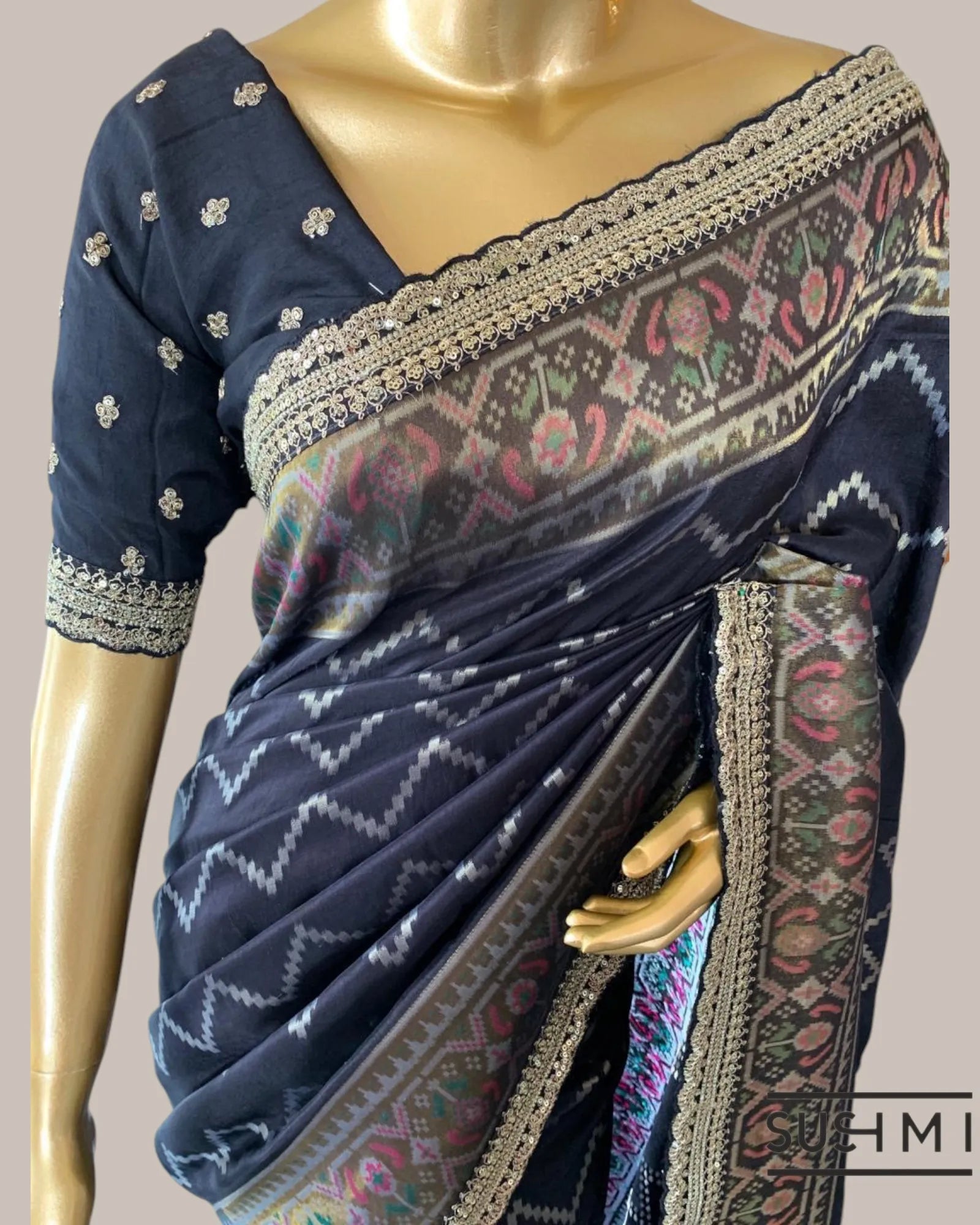 Black Falling Tussar Silk Gorgette Saree in Ikkath Patola style Chevron body and
