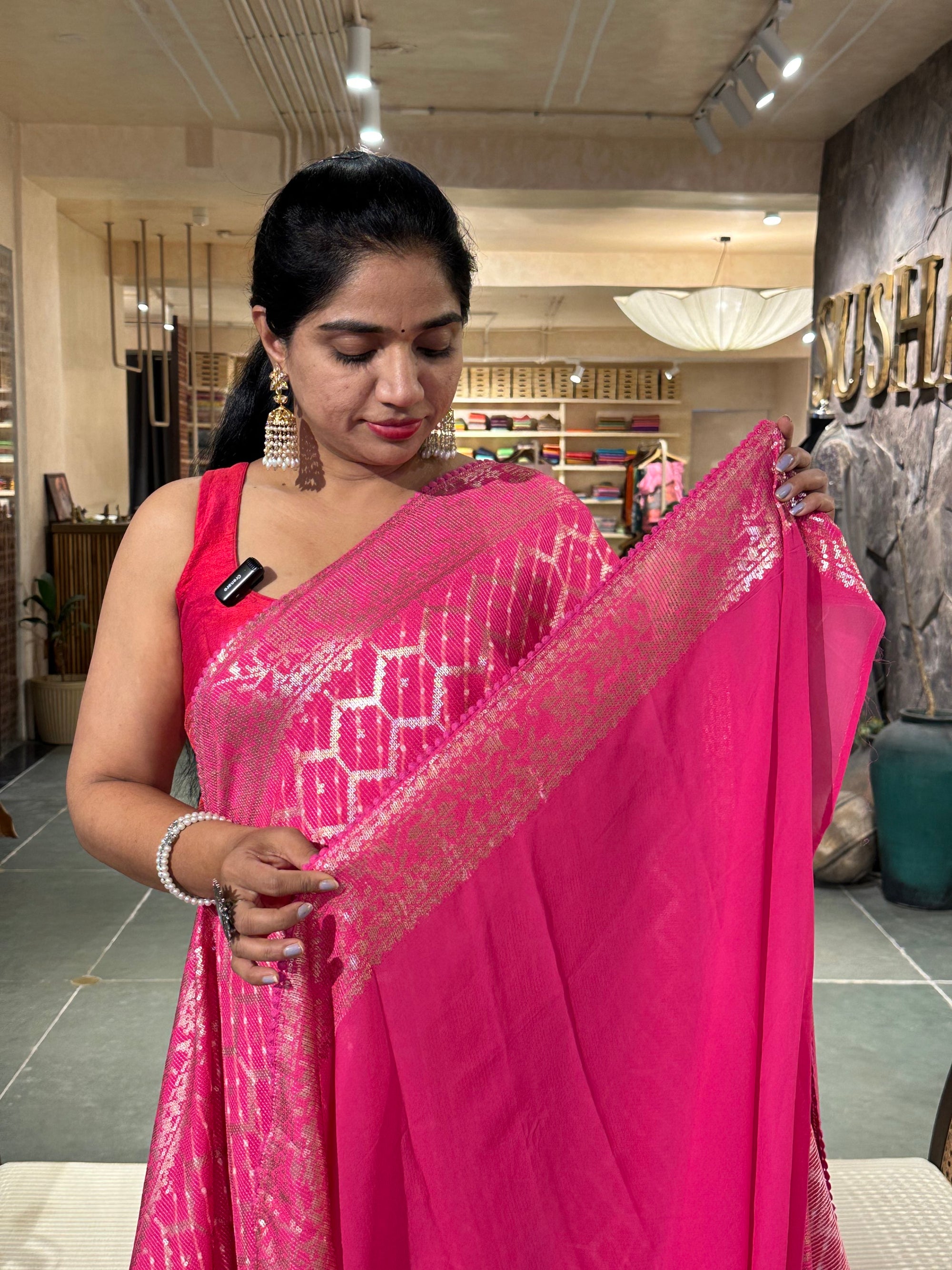 Pink Pure Gorgette Lehariya Bandhini Sequnce Saree