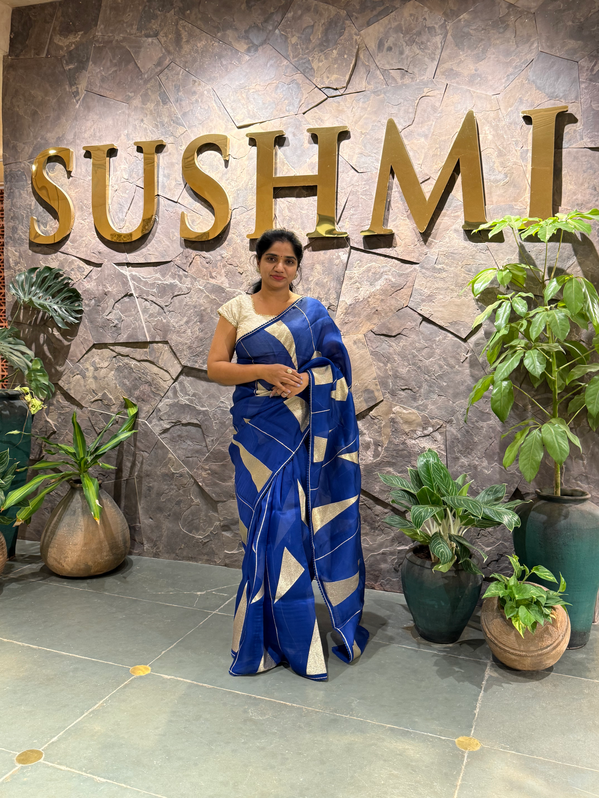 SOCA101 Royal Blue Pure Organza Silk Saree in contemporary style