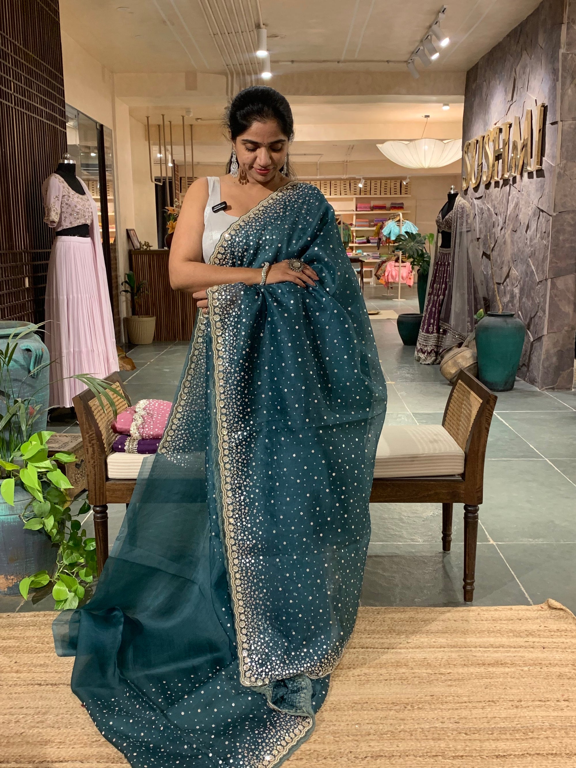 Peacock BlueOrganza Saree with heavy handwork