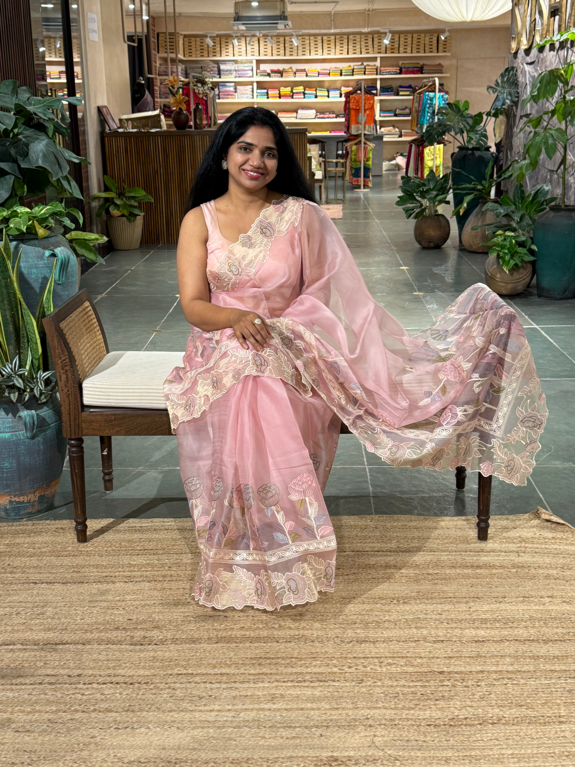 Blush Pink Pure Organza Saree with embroidered and cutwork borders