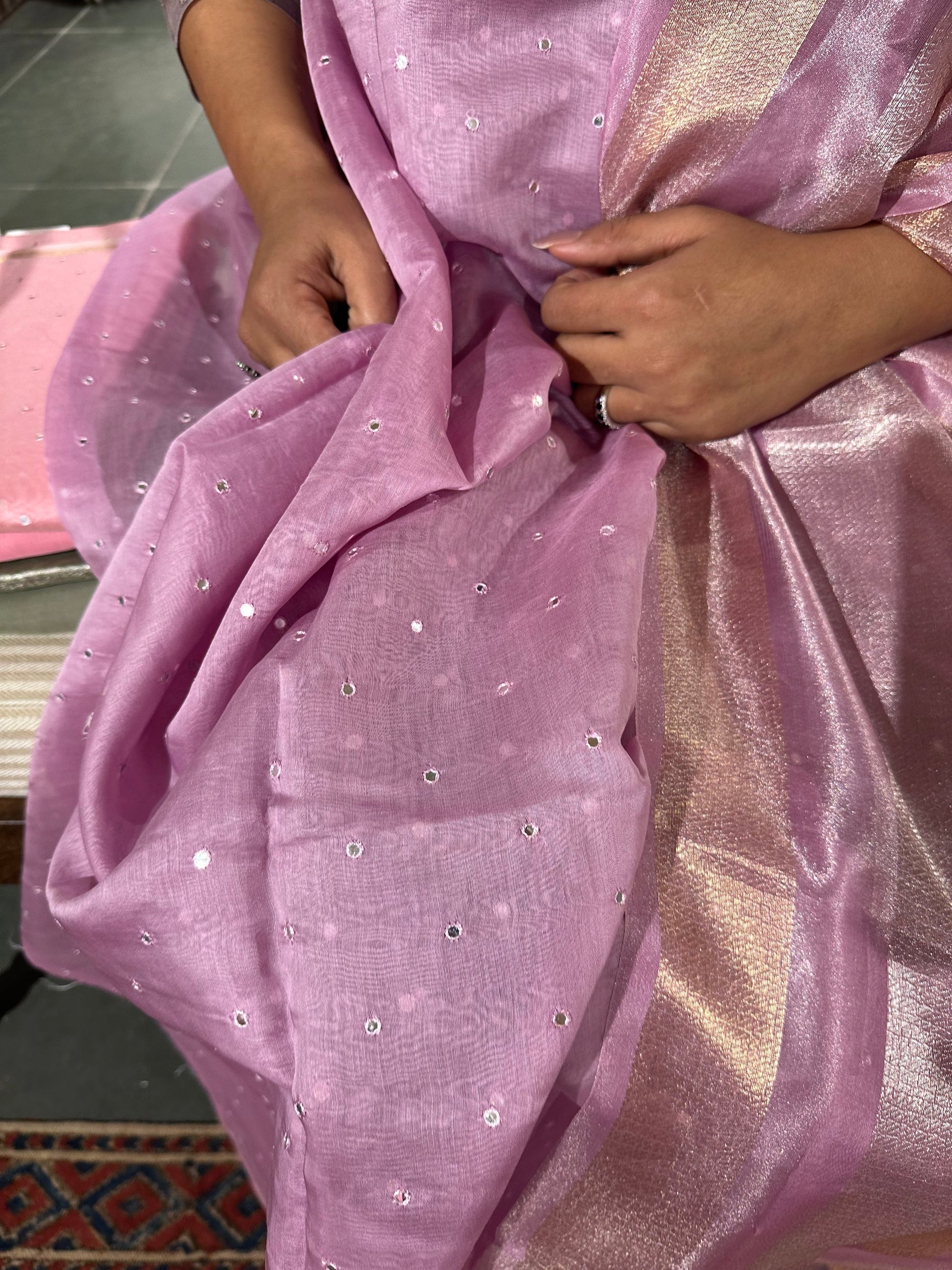 Lilac  Pure Handloom Chanderi silk mirrorwork 3-pc suit set