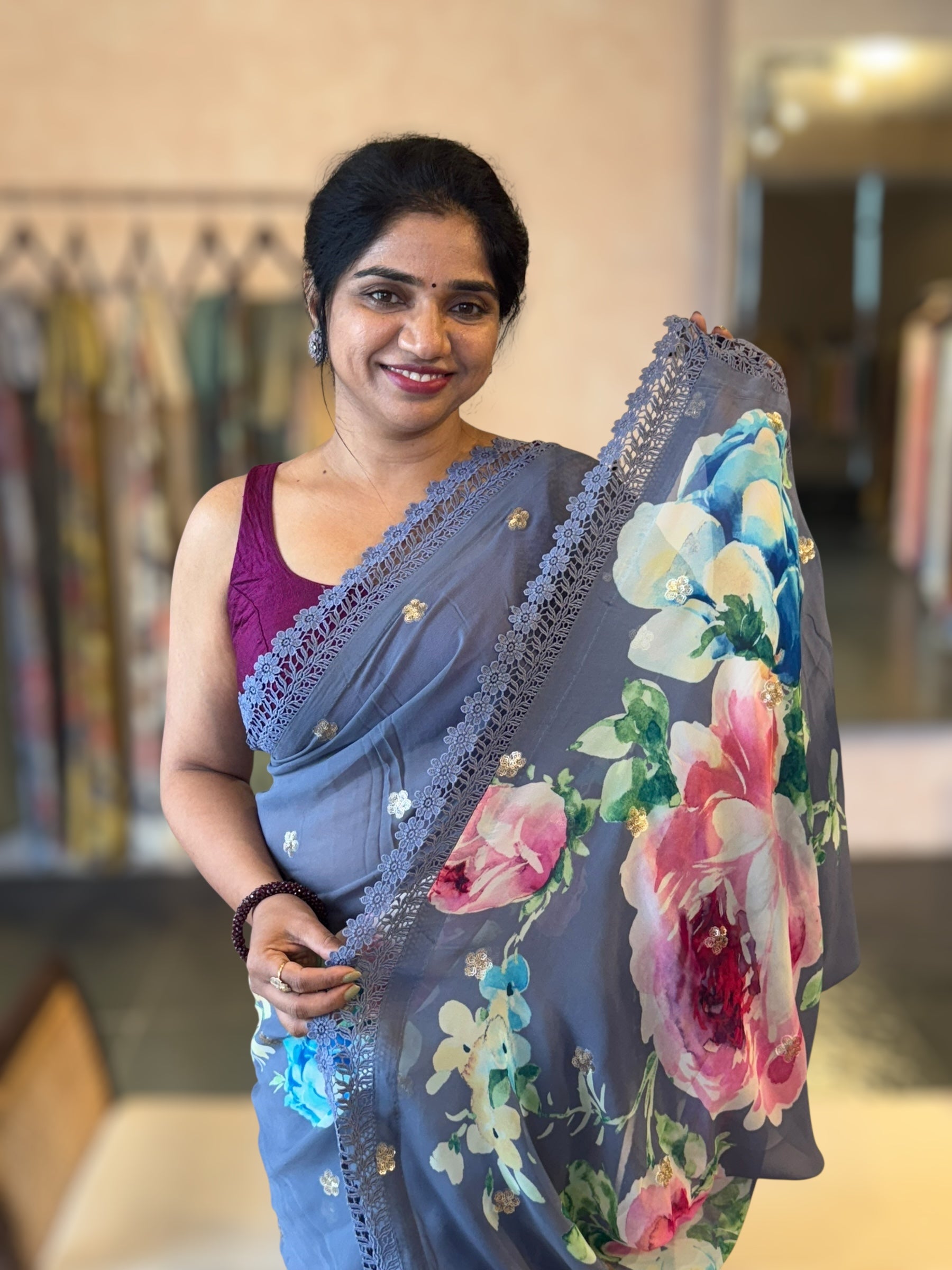 Greyish Blue Floral Gorgette Saree with Allover Sequence Floral