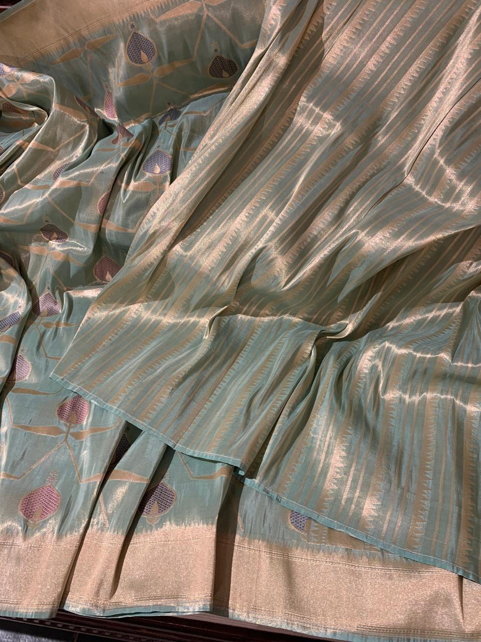 SBETM162 Teal Designer Banarasi Ektara Tissue Saree with allover meenkari jaal