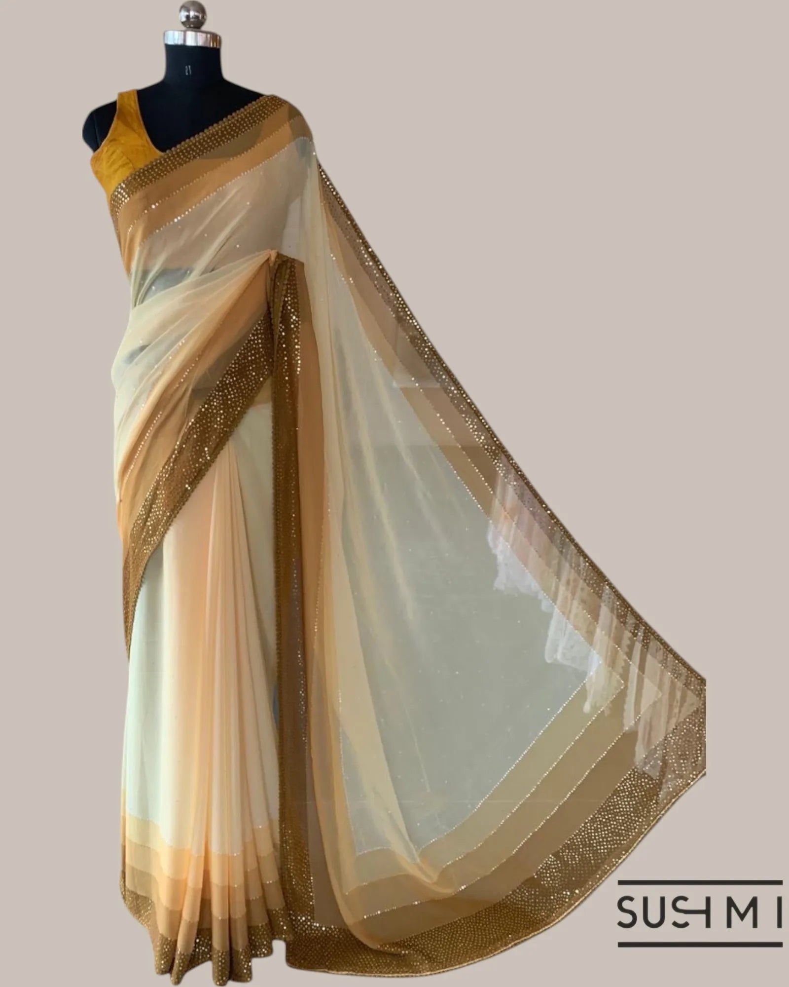 Light mustard Pure Gorgette Saree With Shaded Sequnce Border