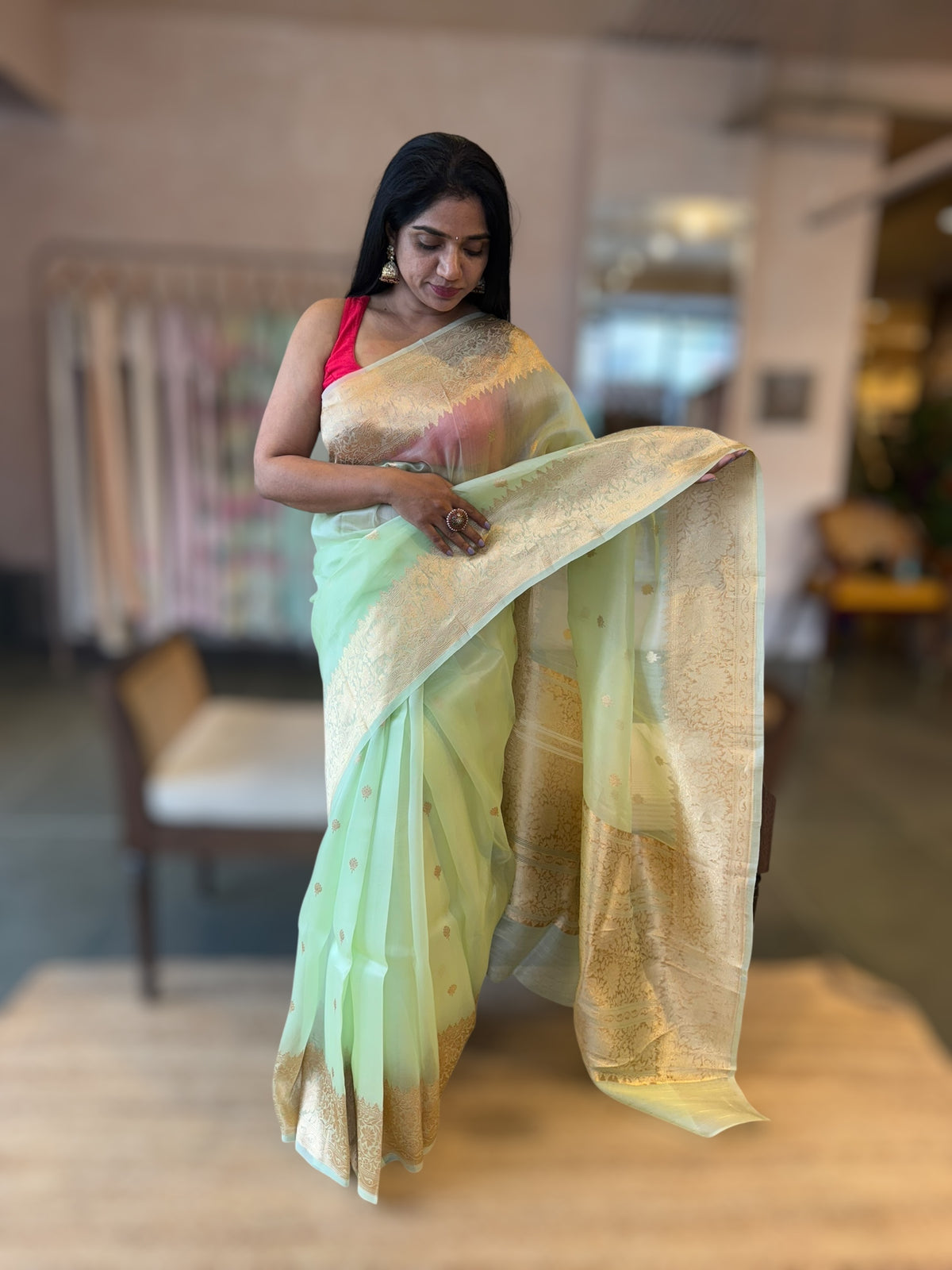 Light Apple Green Kora Banarasi Handloom Saree With Kaduwa Woven Motifs