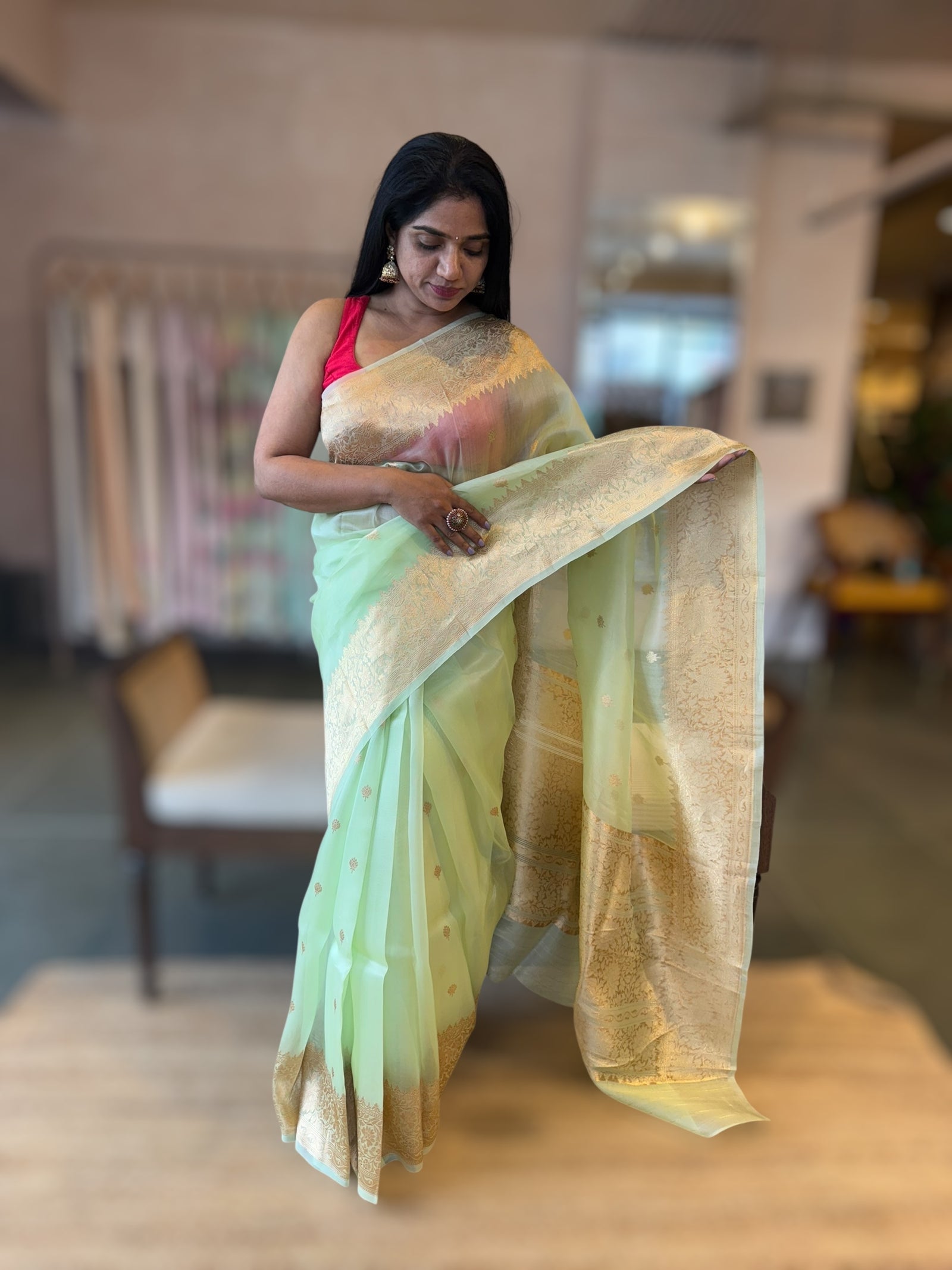 Light Apple Green Kora Banarasi Handloom Saree With Kaduwa Woven Motifs