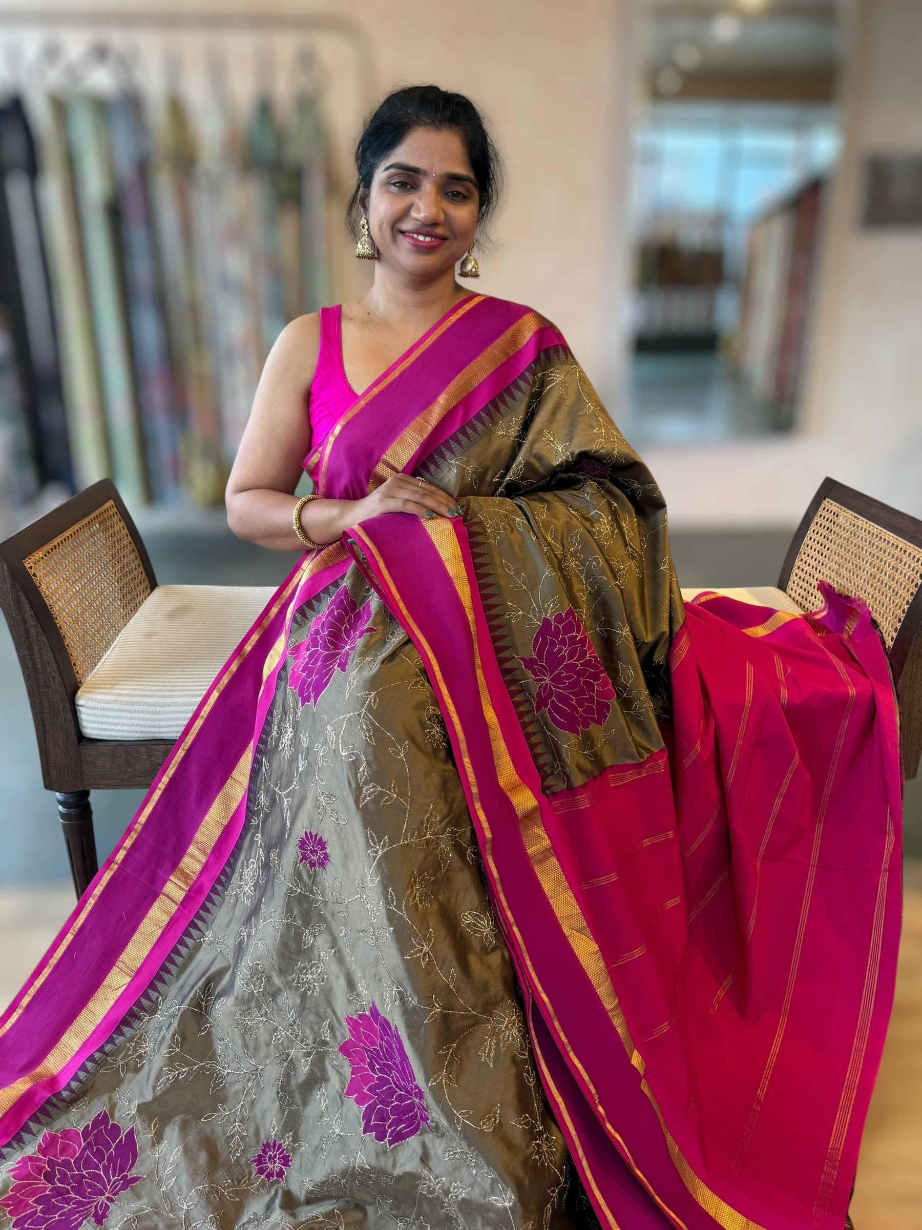 Metallic Bronze Kanchi Silk Saree in With Allover Pita & Applique work