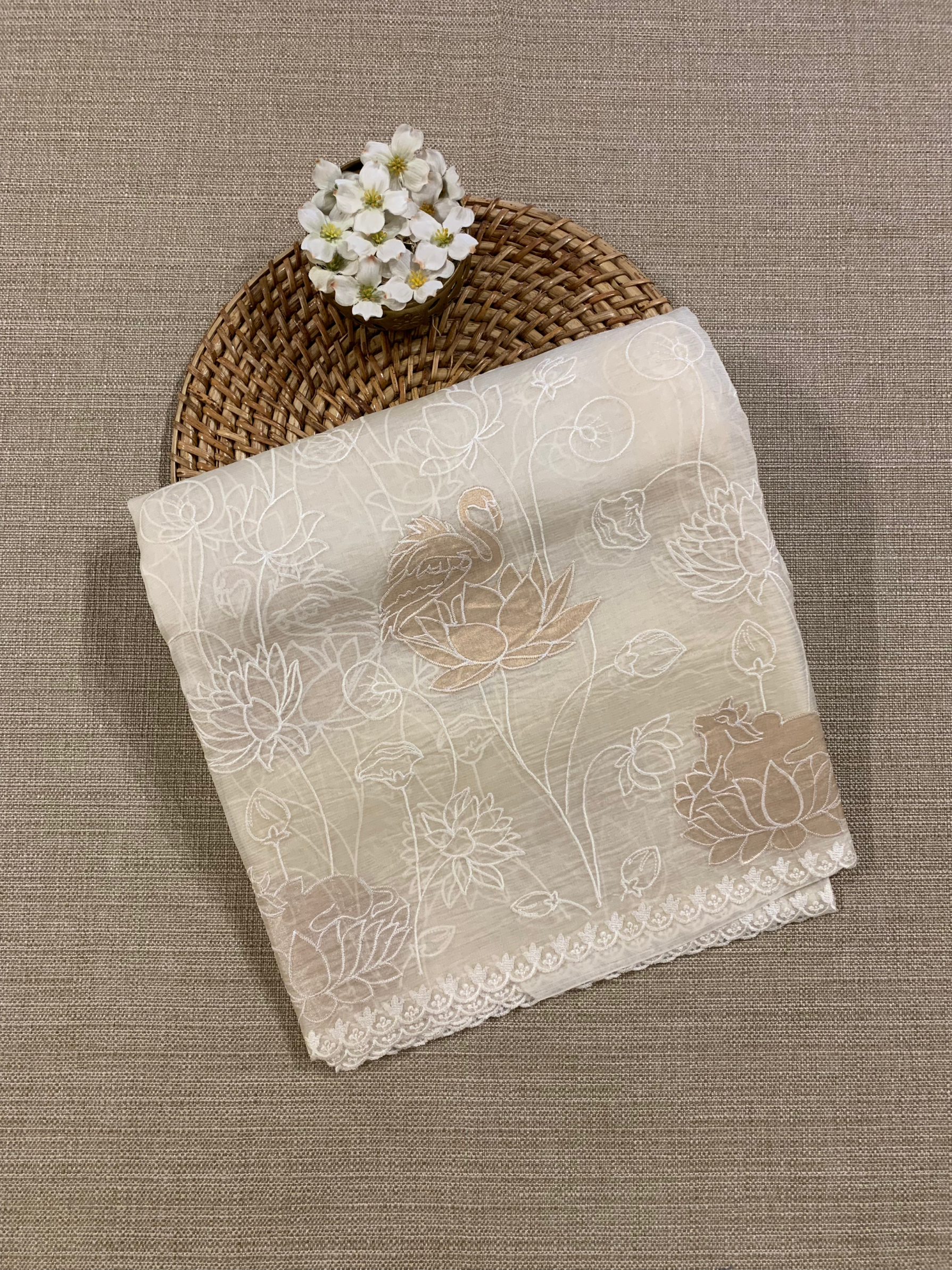 SOAA1605 : Ivory Organza Saree with Allover Pichwai Applique Embroidery
