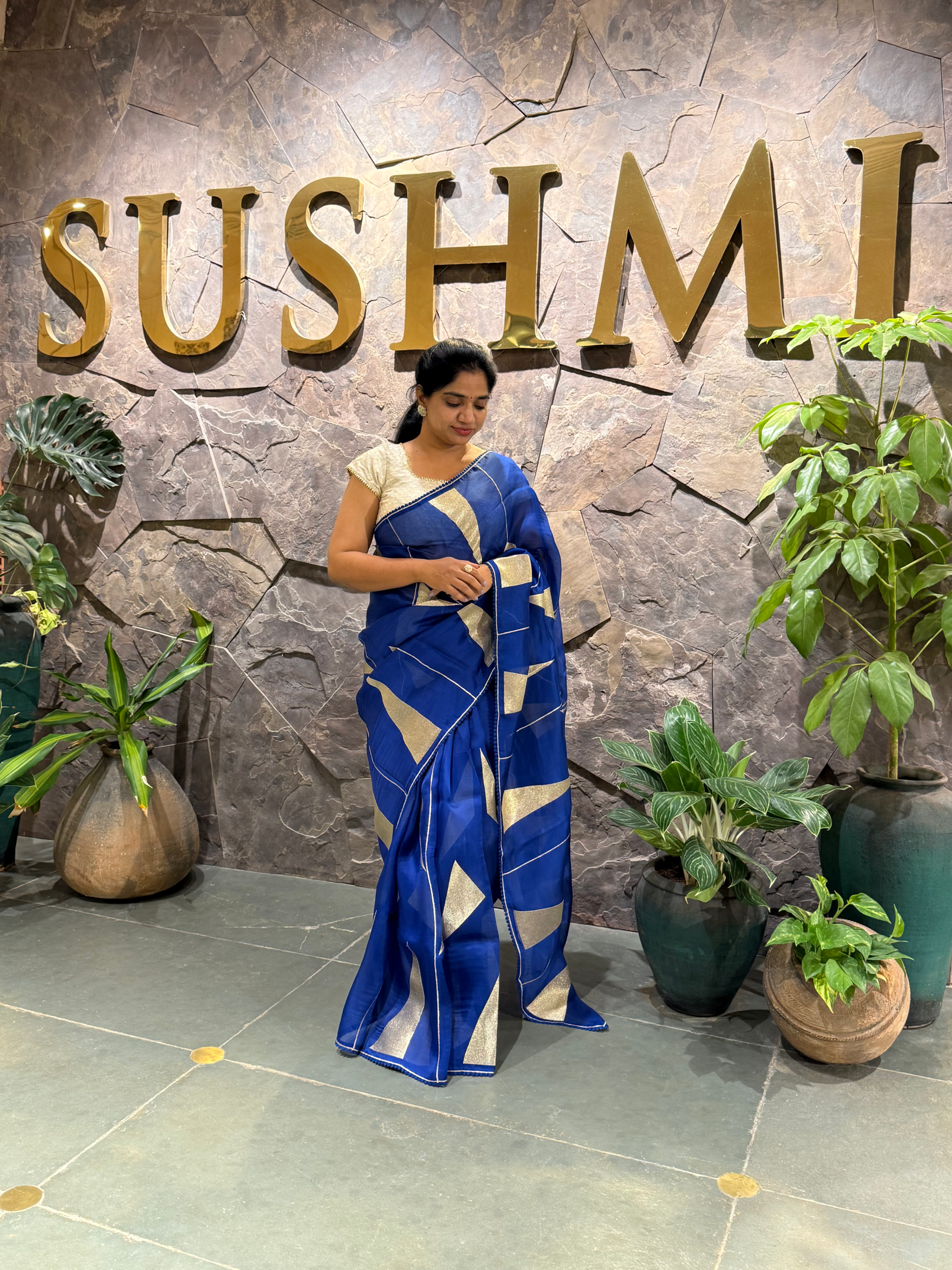 SOCA101 Royal Blue Pure Organza Silk Saree in contemporary style