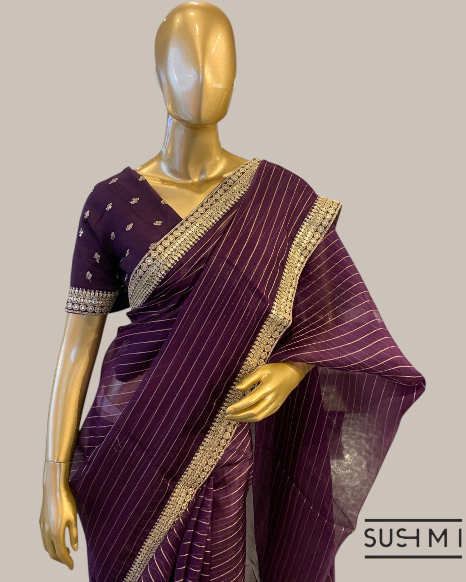 Wine Organza Saree with Zari stripes Hemlined with sabhyasachi border and blouse
