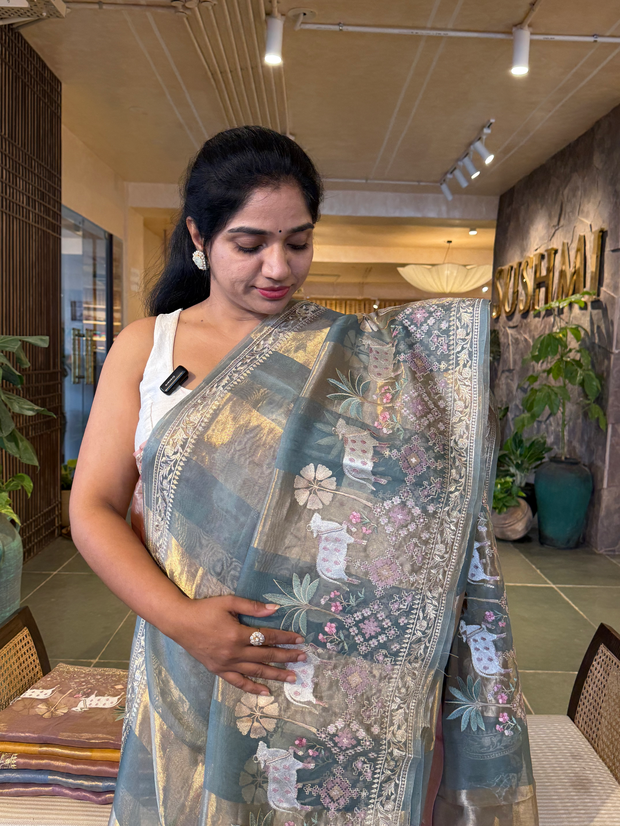Greyish Blue Kora Tissue Stripes with Pichwai & Jamdani Inspired Embroidery