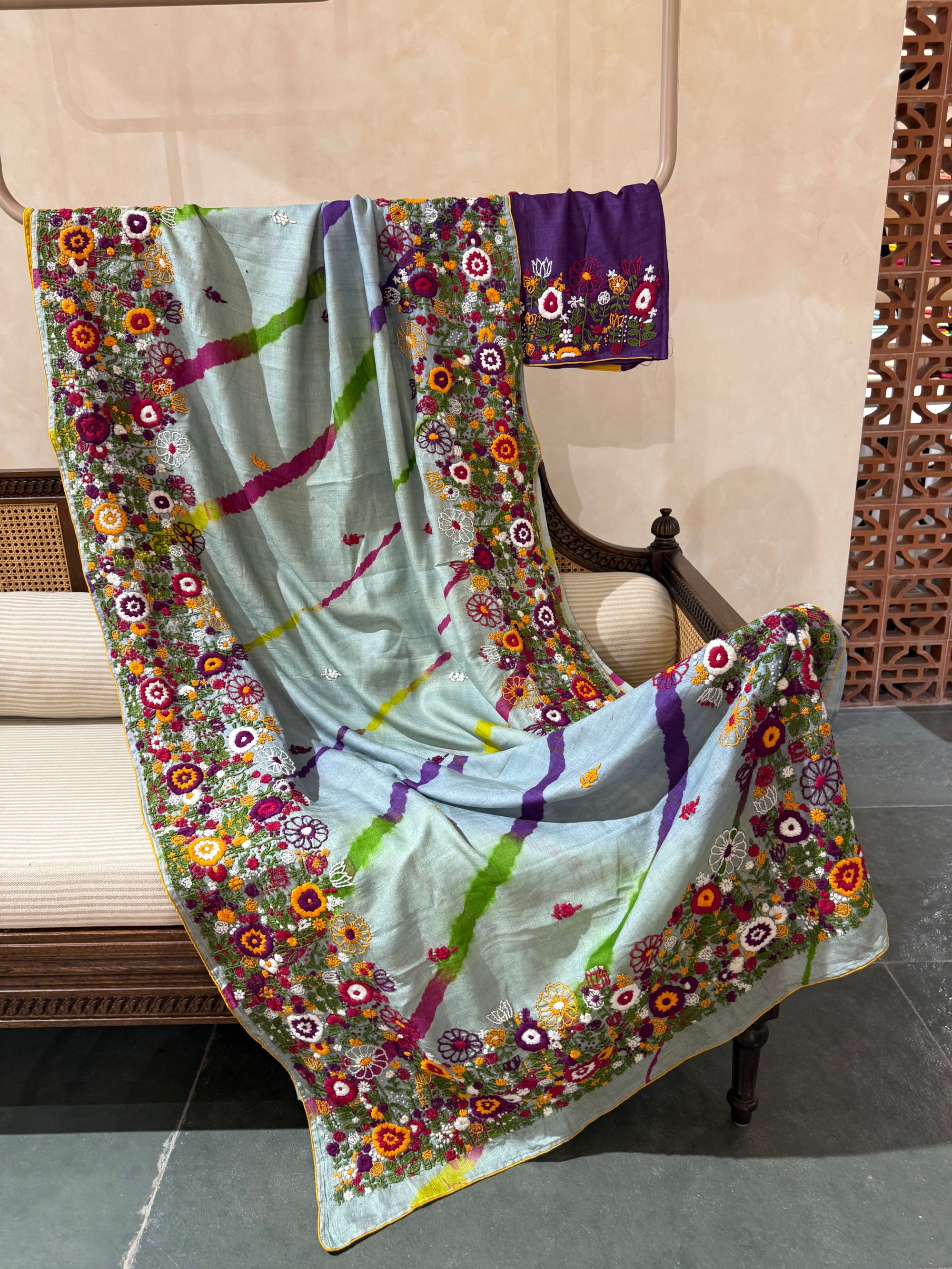 Pure Handloom Tussar with multi color lehariya and heavy threadwork Handwork