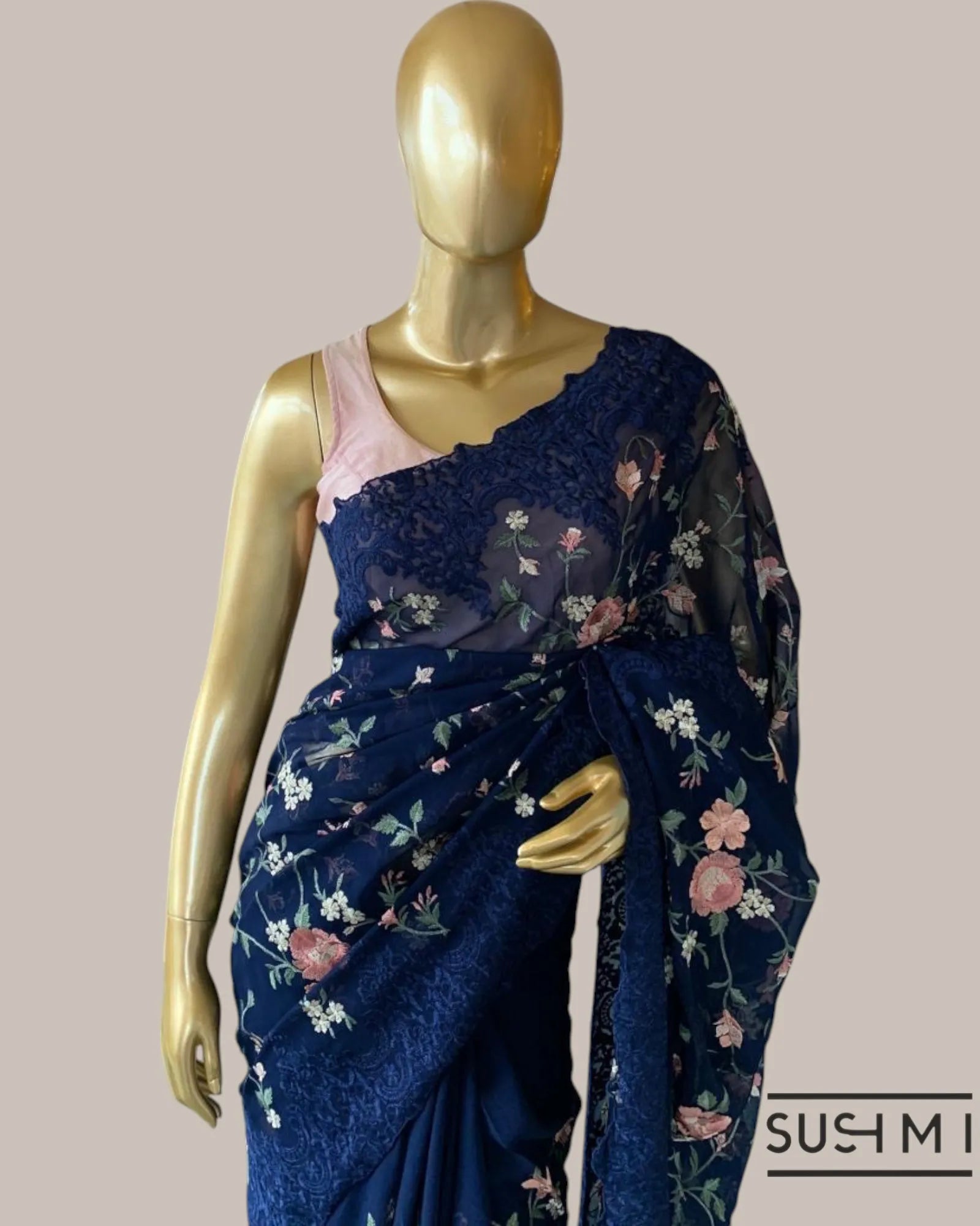 Midnight Blue Pure Gorgette Saree With Petite Point Style Allover Embroidery   O