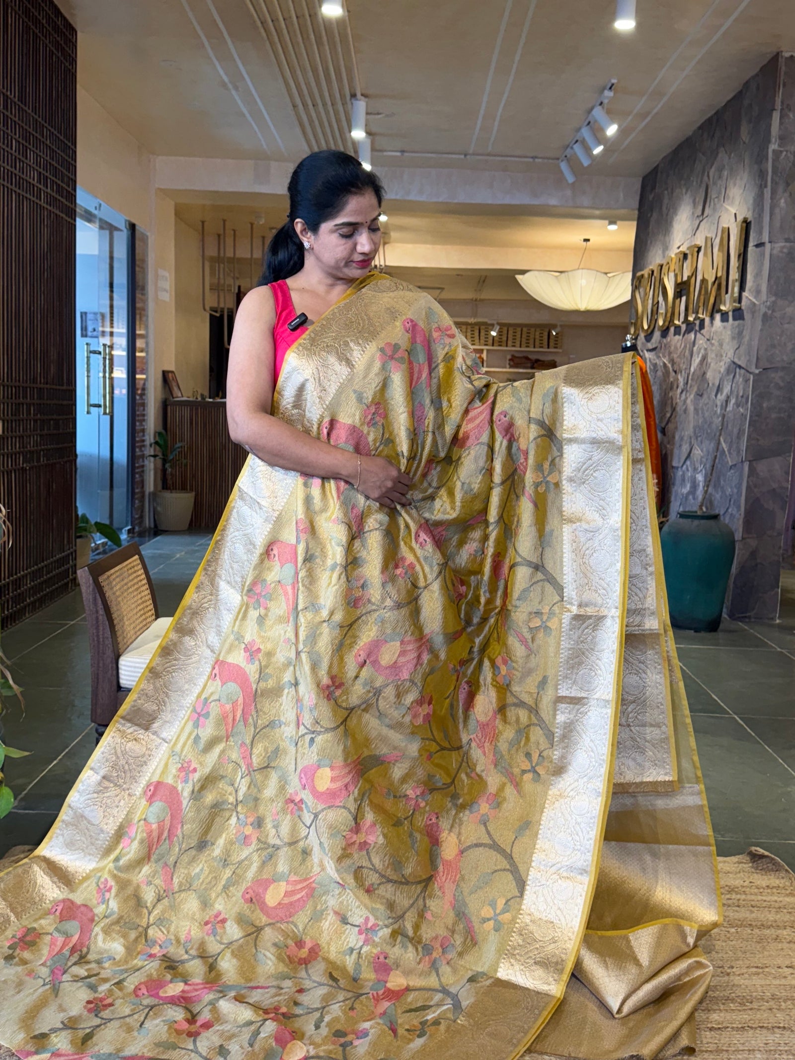 LightYellow Banarasi Crush Tissue Saree wth allover Pythani inspired embroidery
