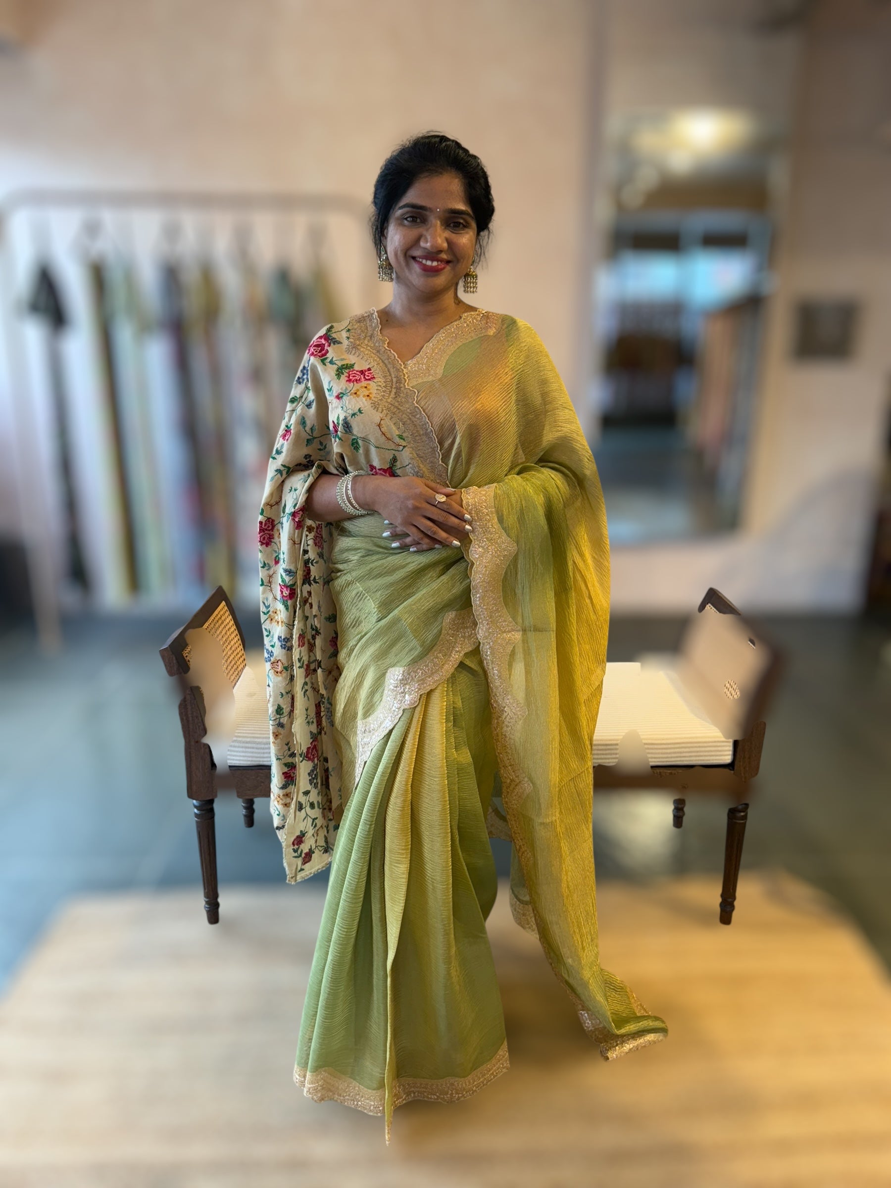 Ombre Dyed Crush Tissue Saree With Pitawork Border & Petite Point Embroidered BP