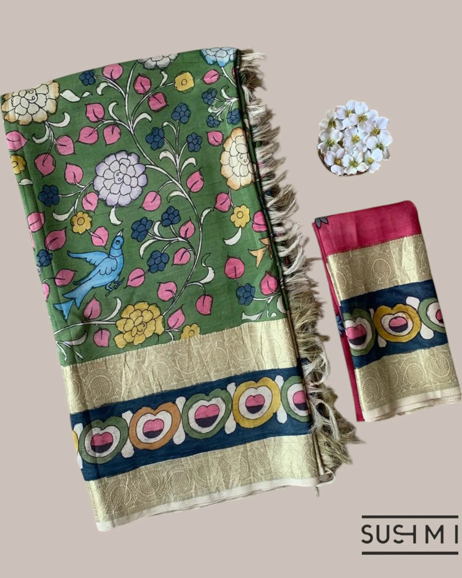 Green Kanchi Pen kalamkari handpainted saree with heavy borders