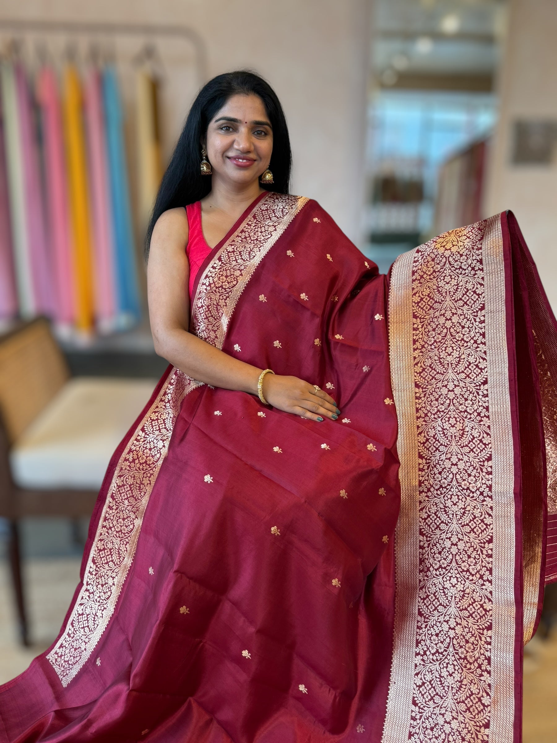 Burgundy Banarasi Raw Mango Silk Saree with Open Borders & Kaduwa Weaving