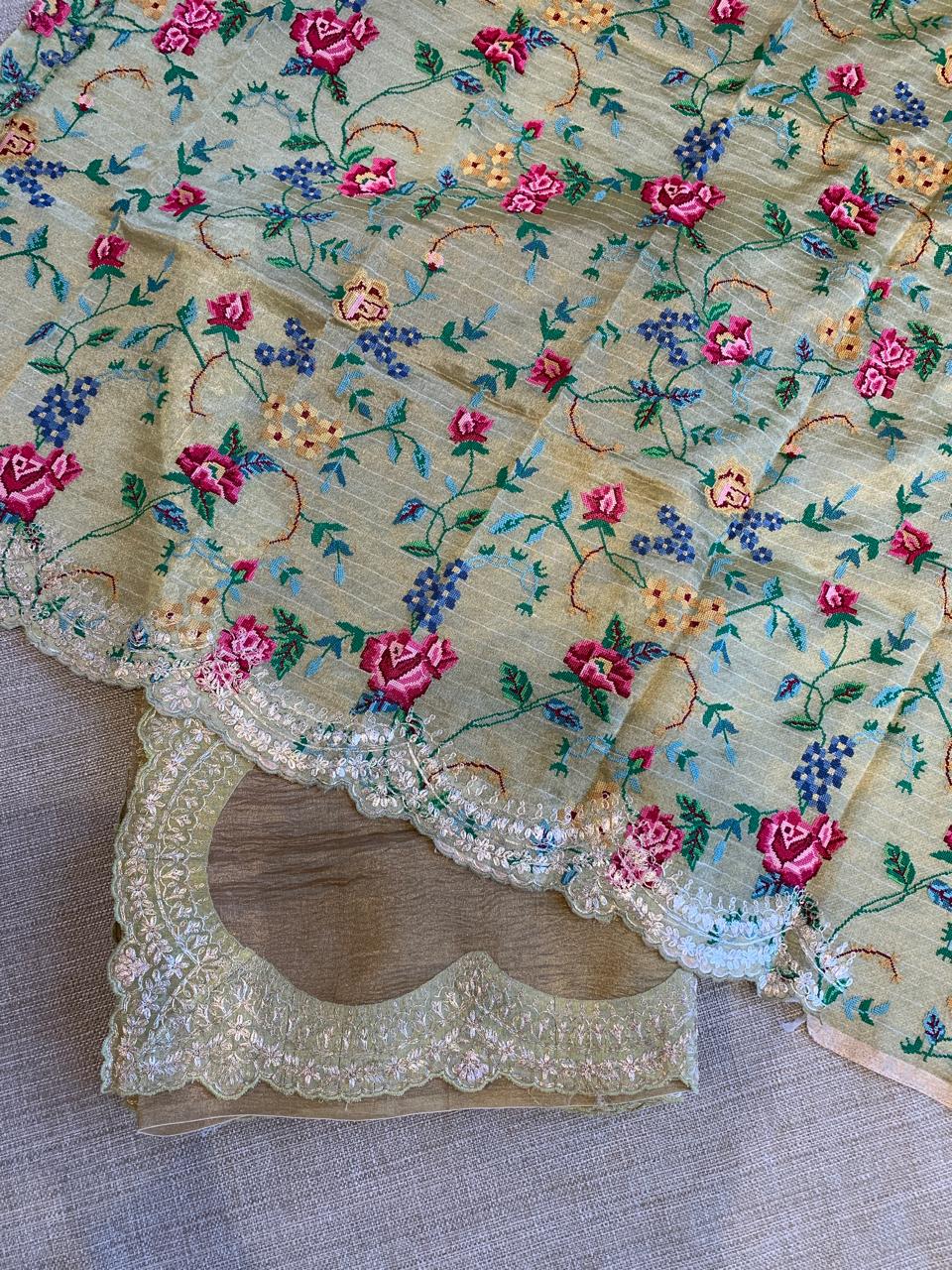 Ombre Dyed Crush Tissue Saree With Pitawork Border & Petite Point Embroidered BP