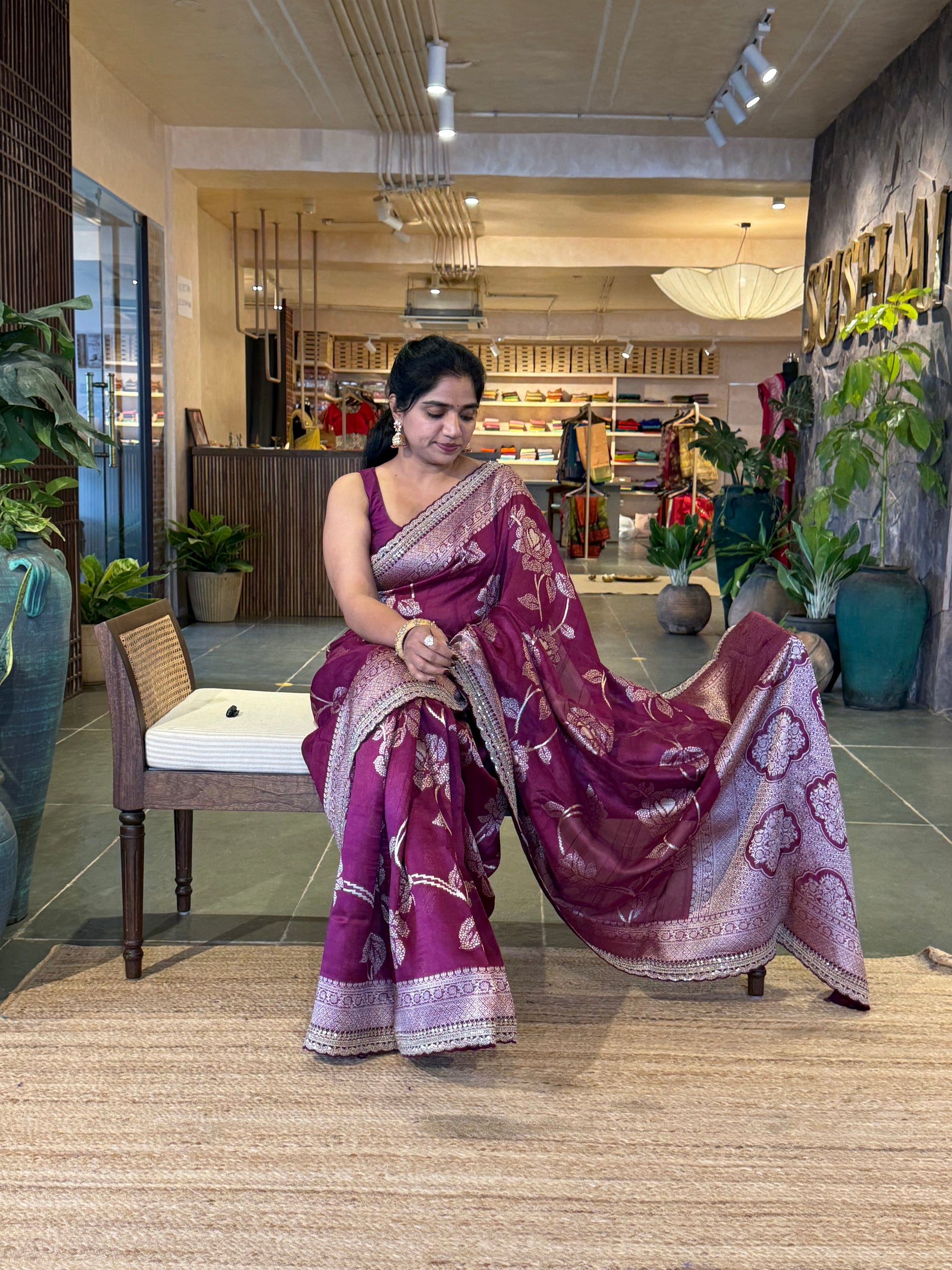 Wine Tussar Khaddi Saree with Allover weaving and sabhyasachi borders STKM15