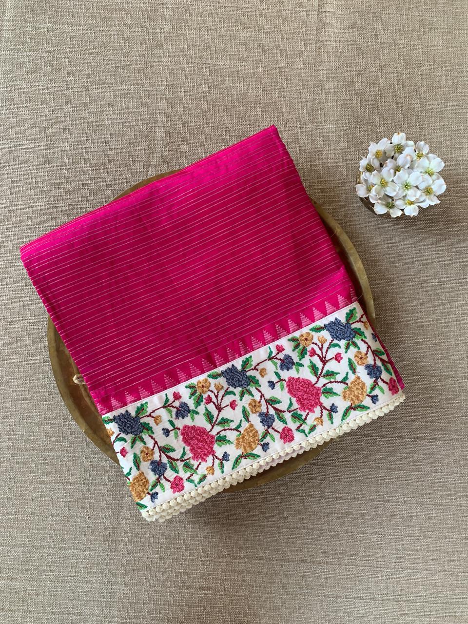 Pink Kanchi Soft Silk Saree With Petite Point Embroidered Border Pallu & Blouse