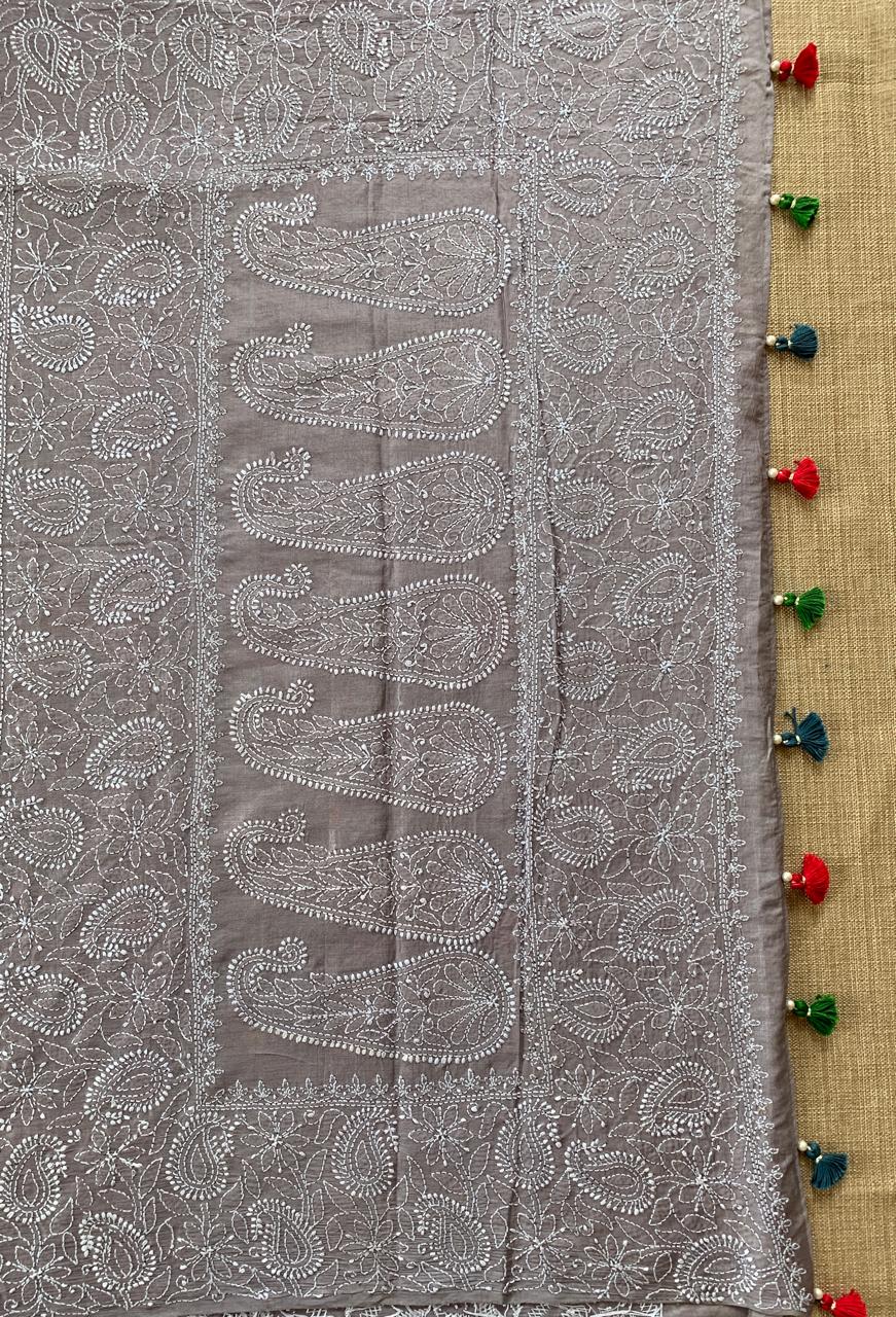 Tussar Saree With Petite Point Embroidered body & Hand lucknowi border & Pallu