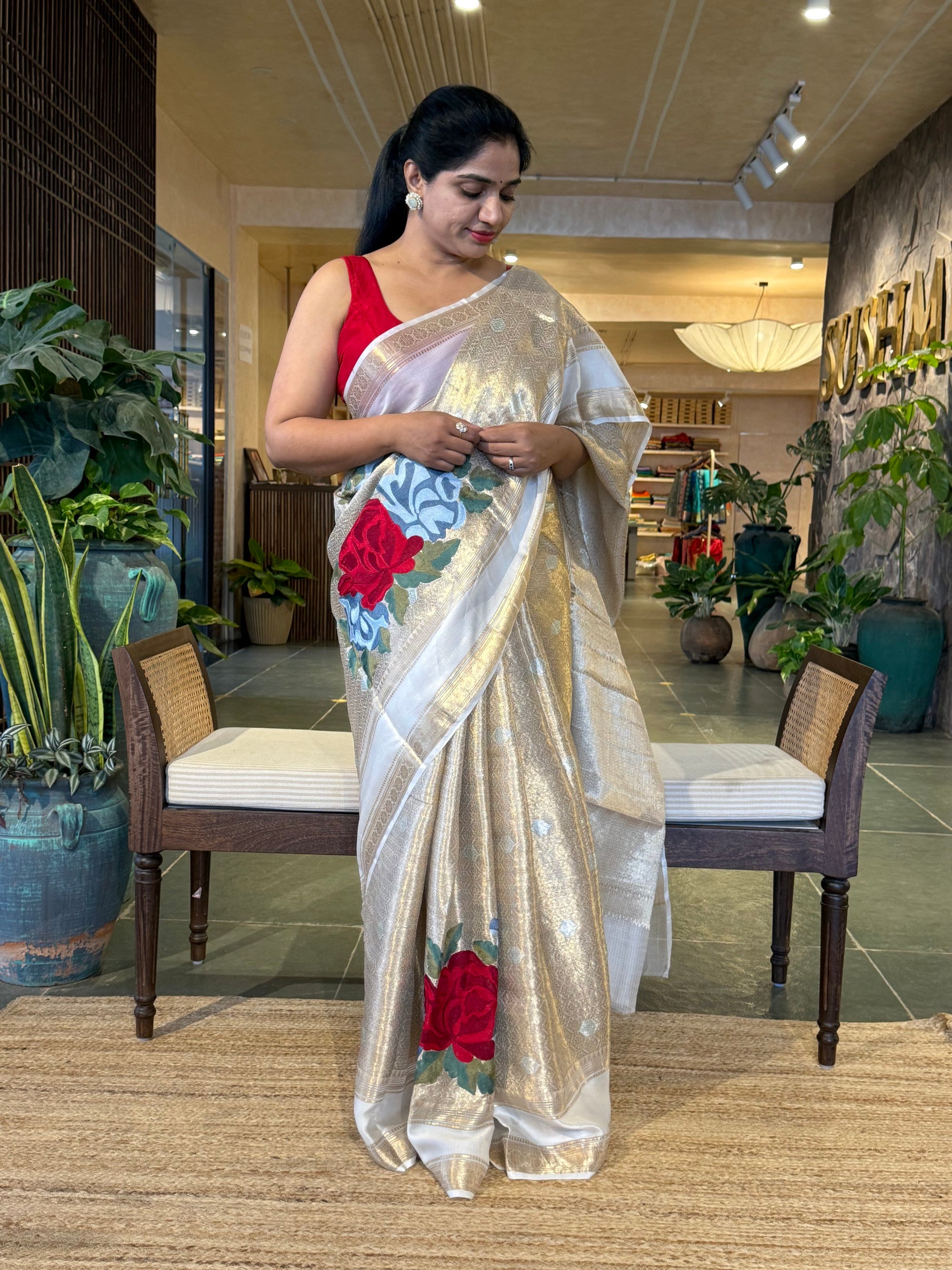 Gold Kota Brocade Tissue Saree with Gap Border & Big Statement Floral Embroidery