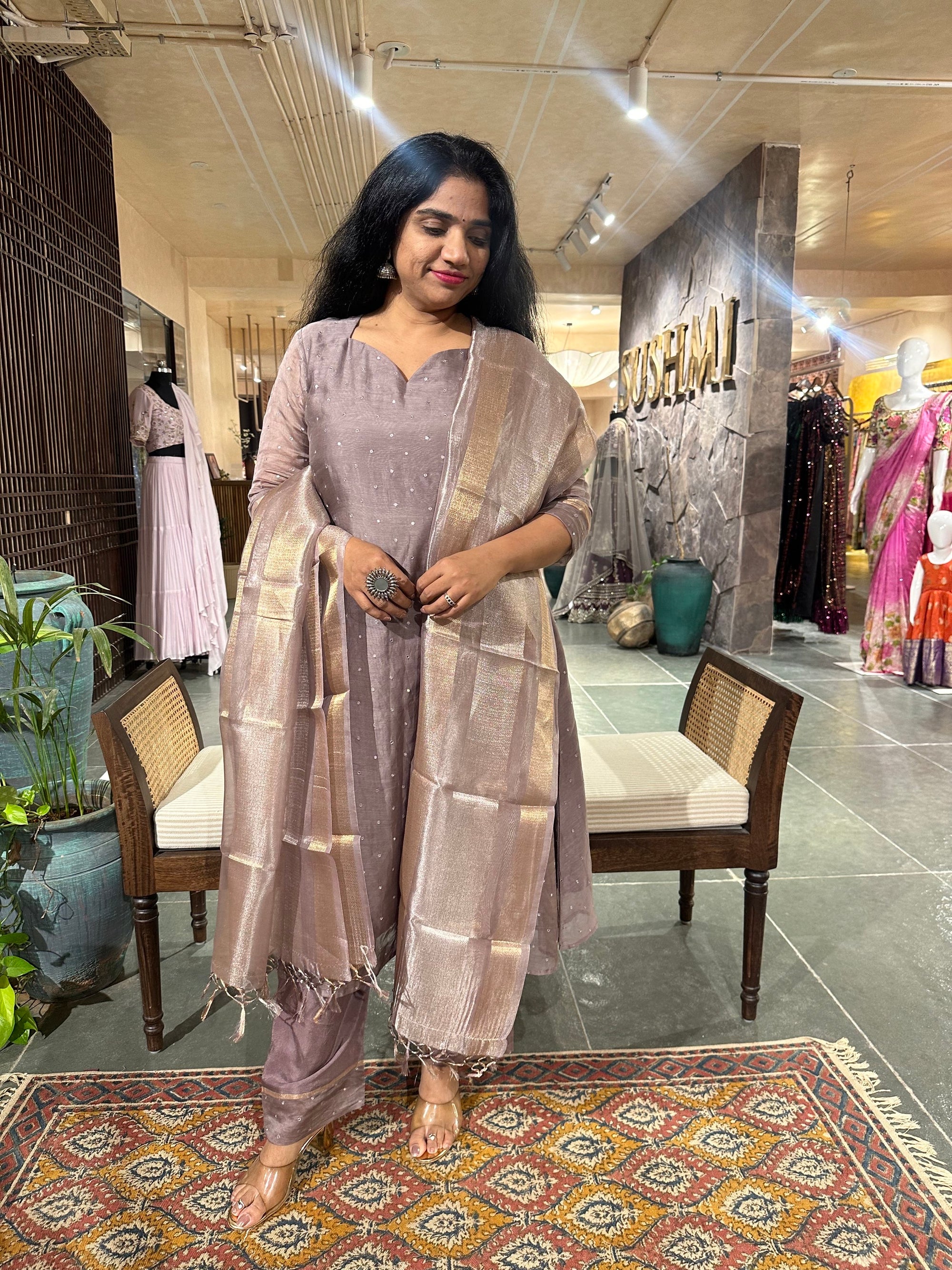 Earthy Tone pure Chanderi Silk 3 pc sticthed suit with mirror work