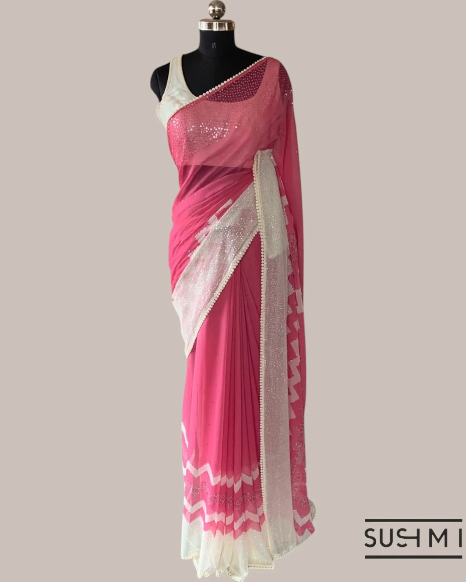 Coral Pink Pure Gorgette Saree With Zigzag Pattern Sequnce Border