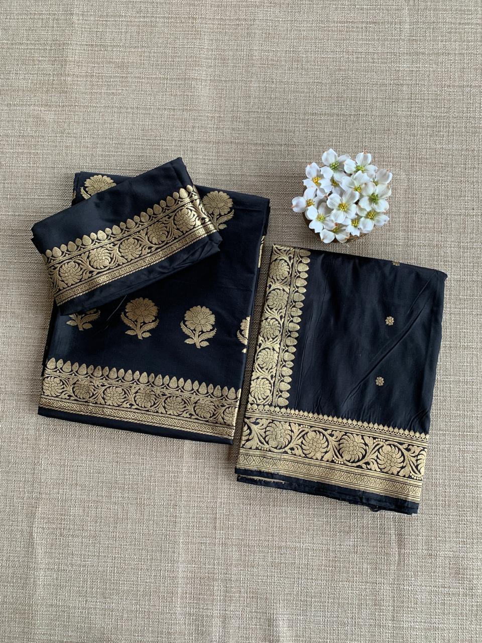 Black Pure Handloom Black Katan Silk  3 pc Suit Set with  kaduwa weaving