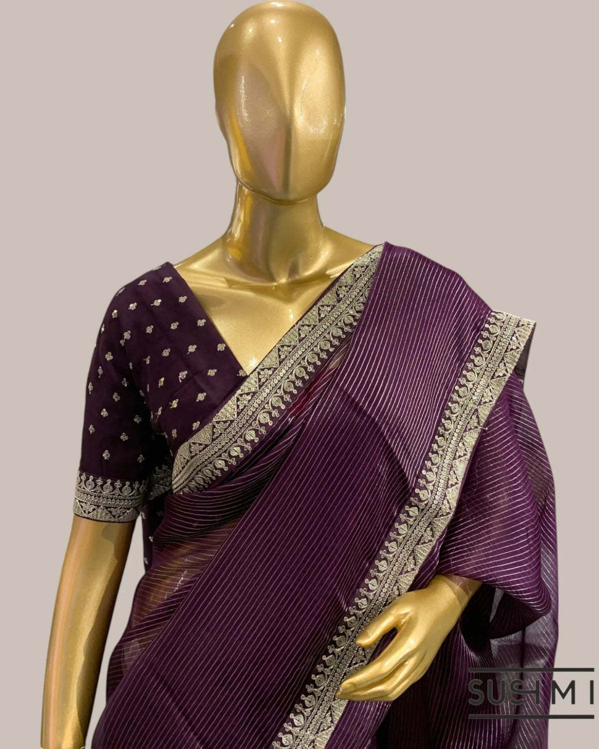 Wine Organza Saree with Zari stripes Hemlined with sabhyasachi border and blouse