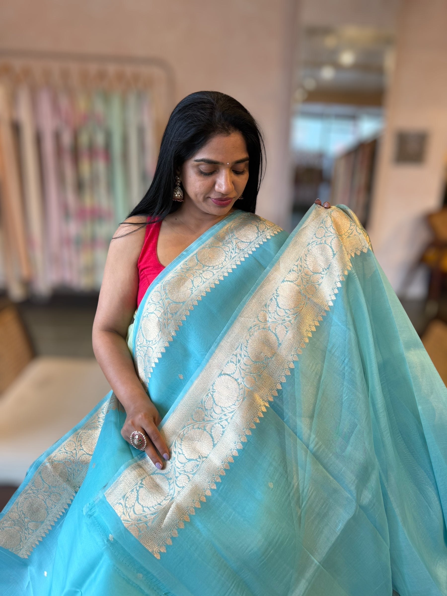 Pastel Blue Pure Handloom Kora Banarasi Saree With Kaduwa Woven Motifs