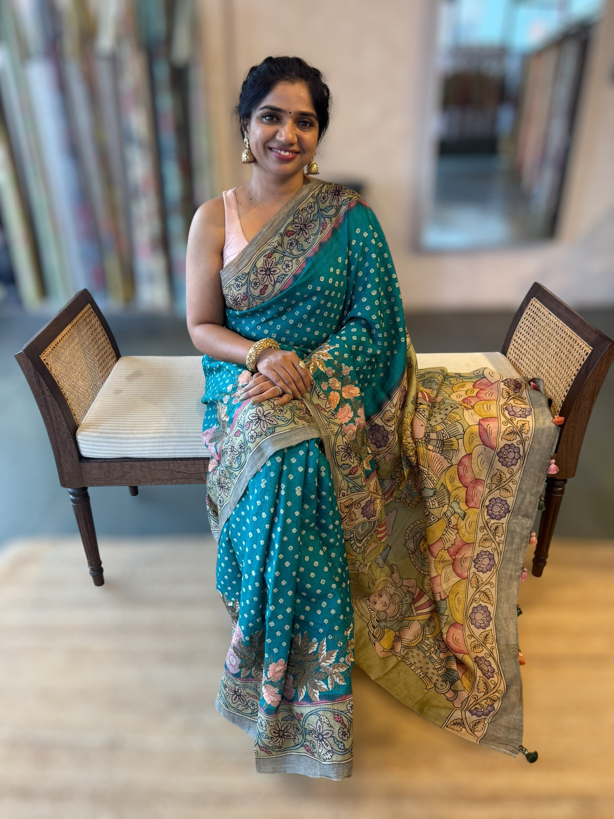 Teal Tussar Bandhini Saree With Pen kalamkari Border & Petite Point Emb Blouse