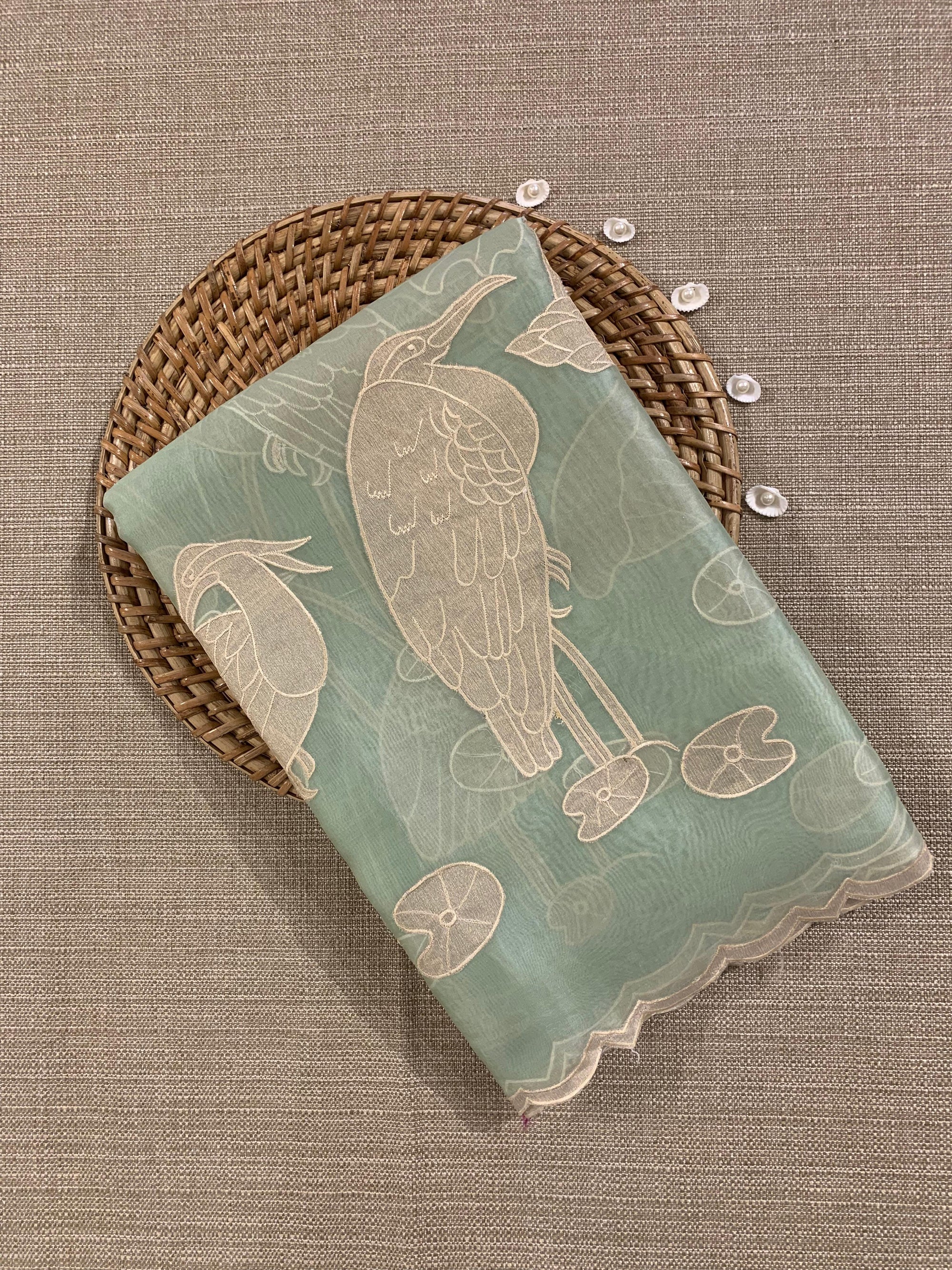 Mint Green Pure Organza Designer Saree with Allover Tissue Applique Embroidery