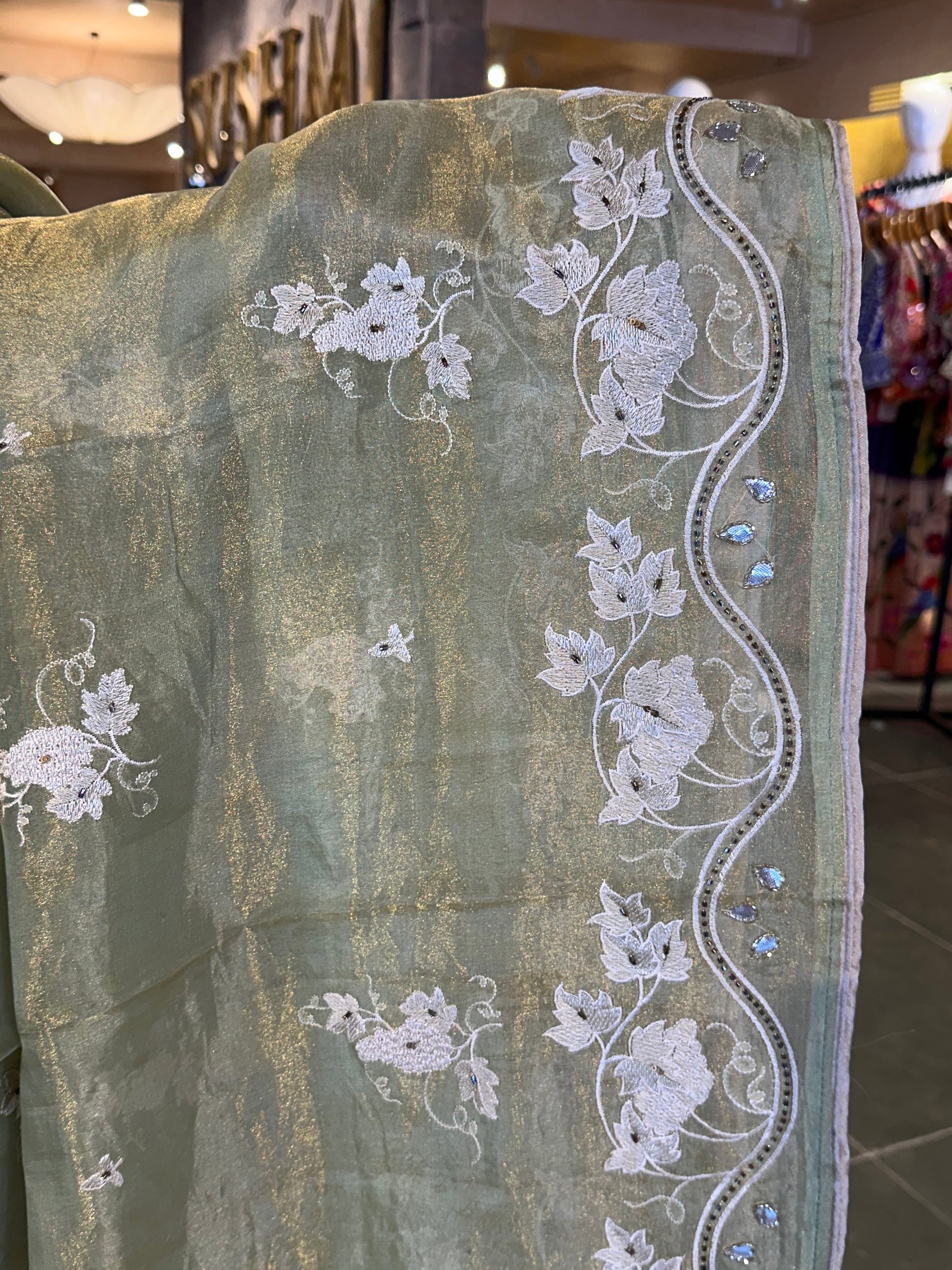 Pista Tissue saree with allover embroidery and handwork highlighting .