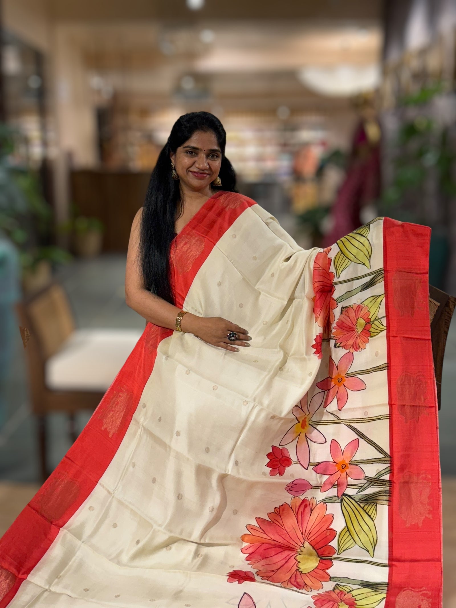 Ivory Kanchi Soft Silk with beautiful Handpainted style Skirt Border Print