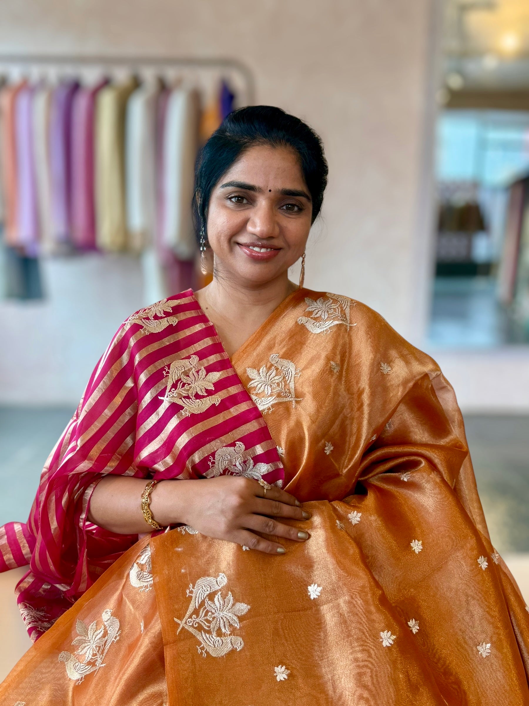Orange Handloom Tissue Saree With Bird Embroidered Border & Stripes Tissue BP