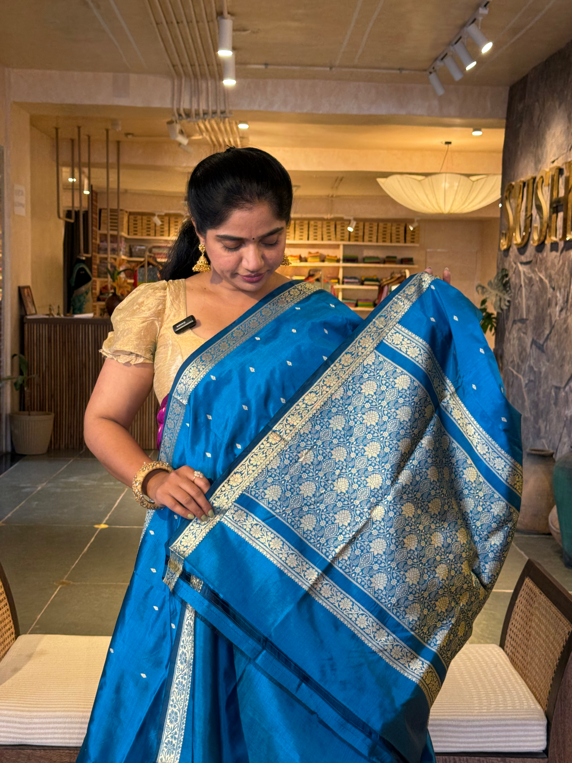 Peacock Blue Banarasi Handloom Katan Silk Saree  With Resham Weaving