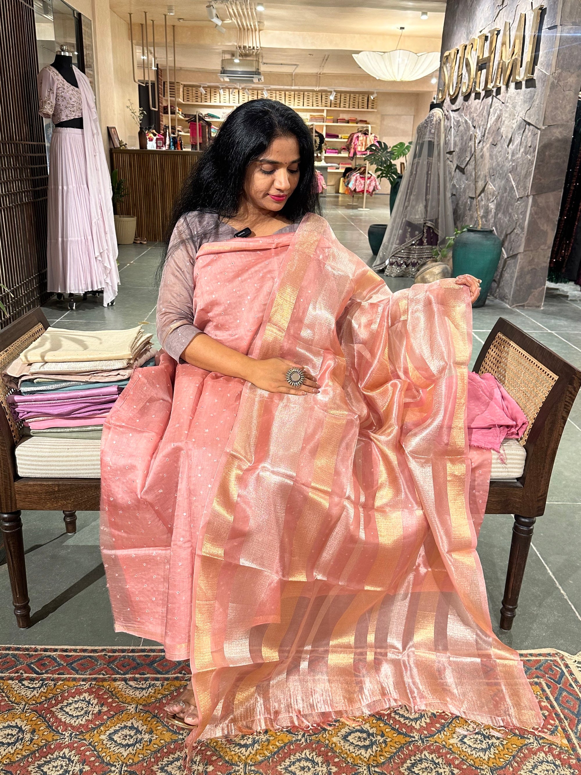 Peach Pink Pure Handloom Chanderi silk mirrorwork 3-pc suit set