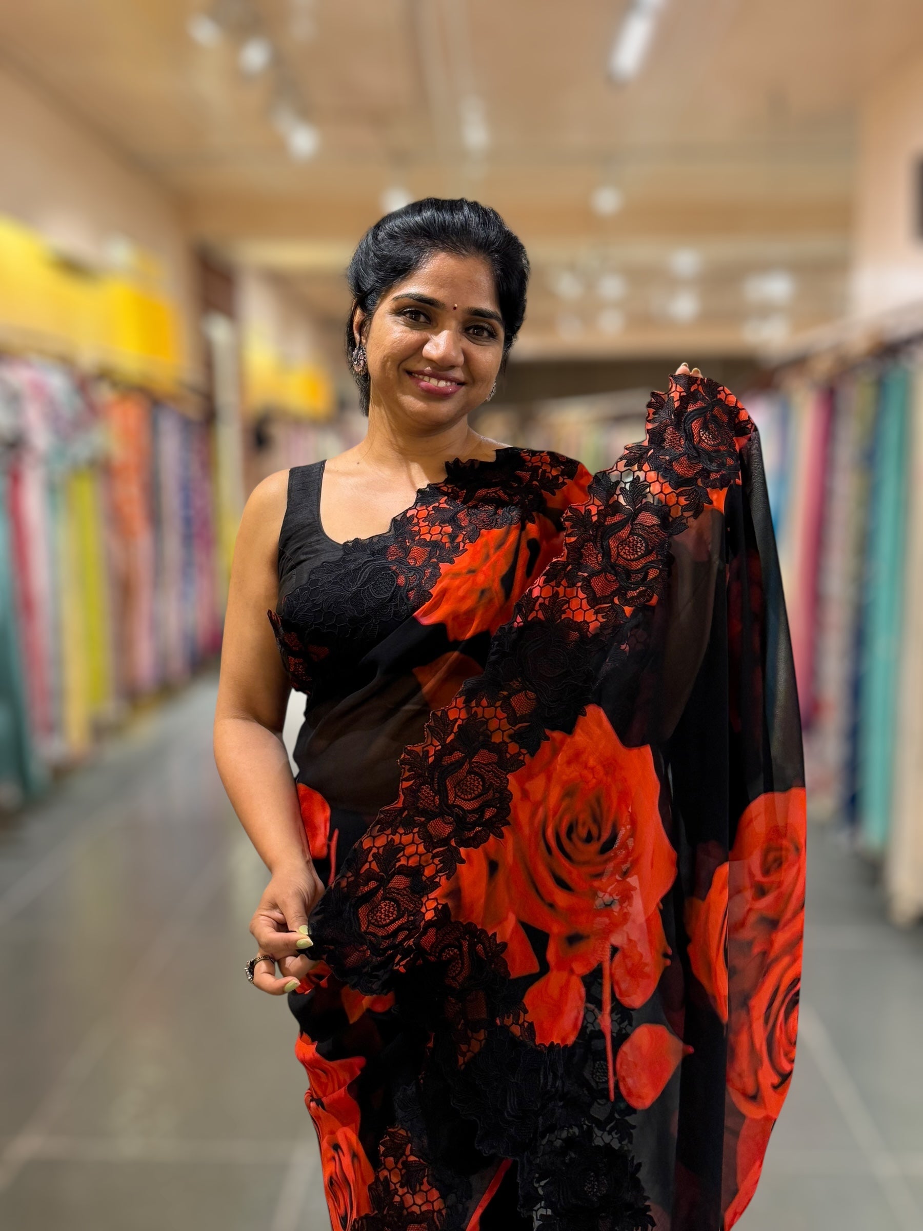 Red & Black Gorgette Saree With Chatilly Lace style Cutwork embroidered Border