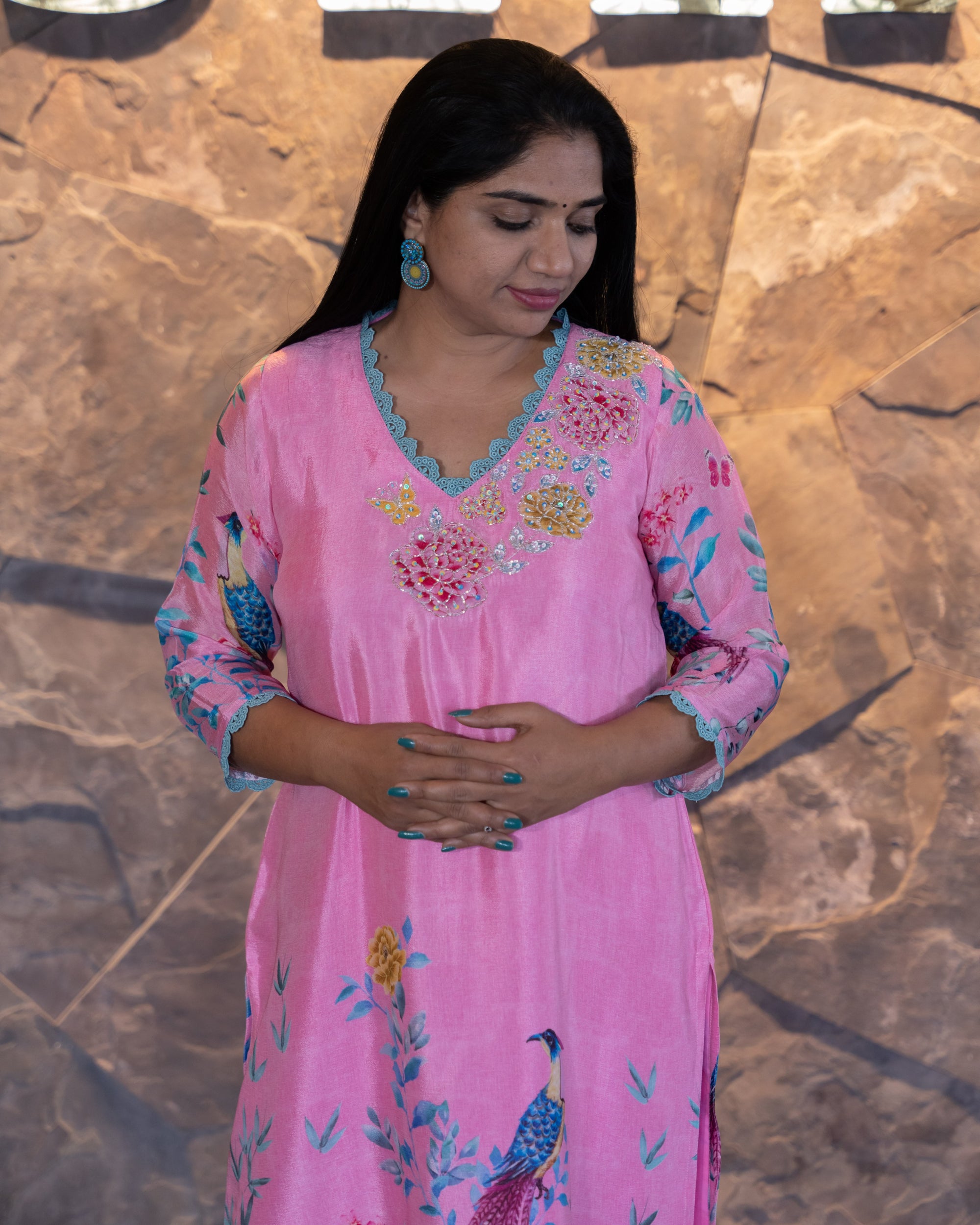 Lotus Pink Color Pure Chinnon Printed Coordset with handwork