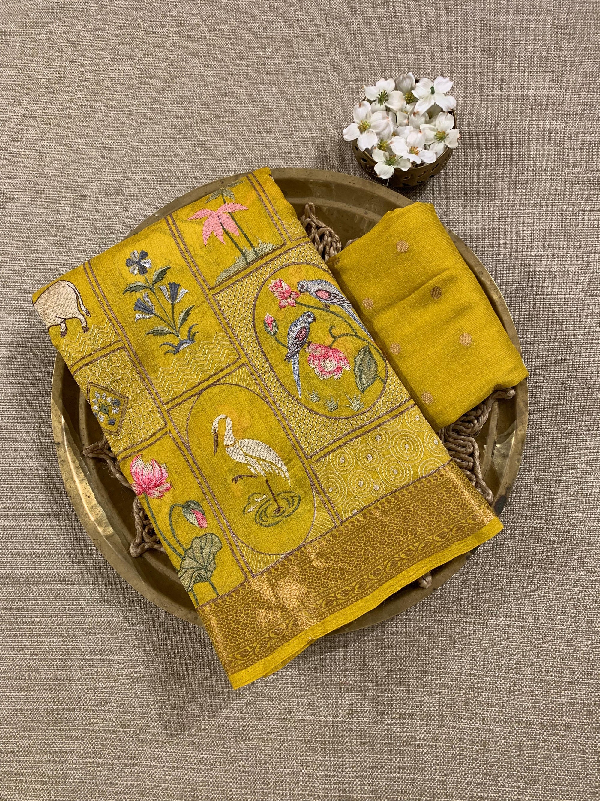 SMSEA110 Mango Yellow Pure Handloom Munga Silk Saree with Pichwai Embroidery