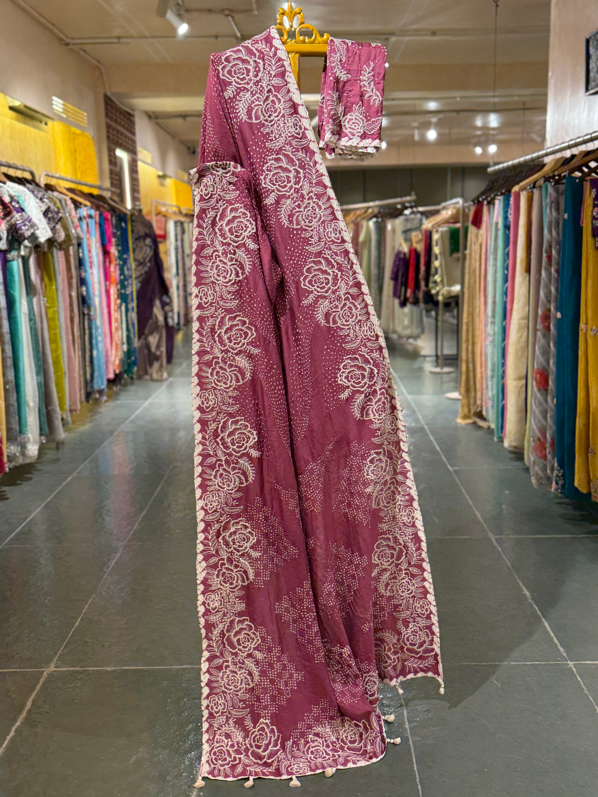 Dark Onion Pink Pure Gajji Silk Rai Bandhej Saree with Outline Embroidery