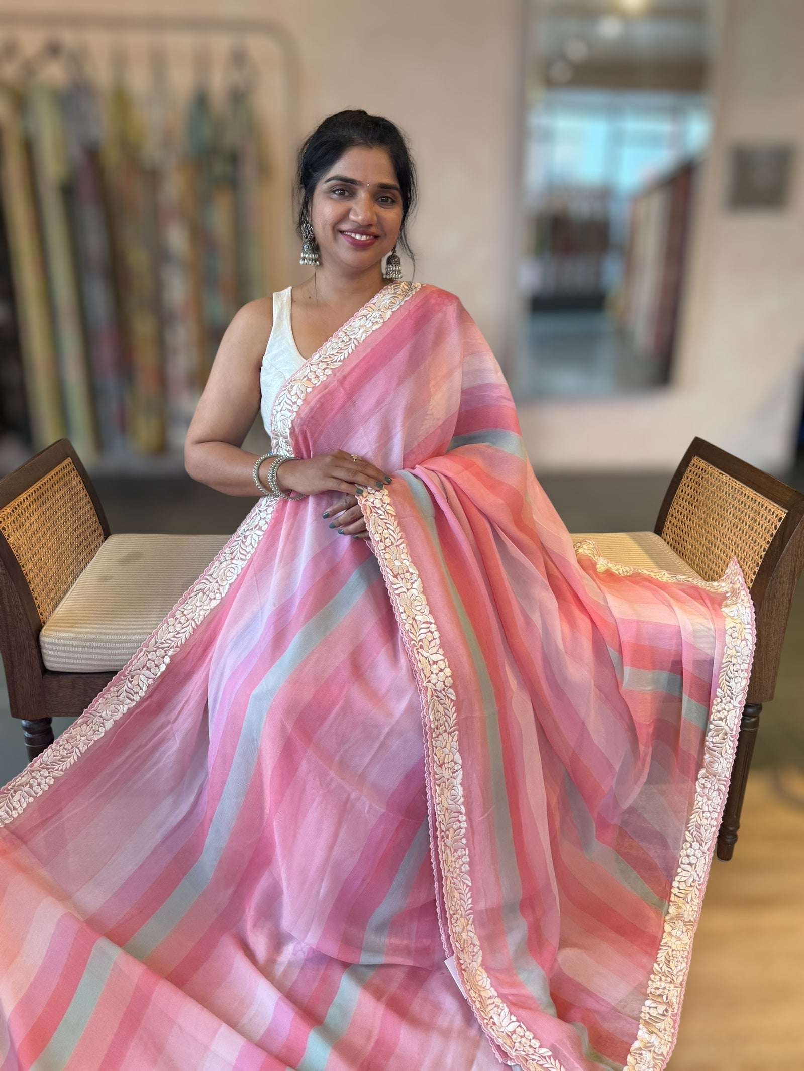 Pure Chiffon Saree with Ombre Brush dyeing & Parsi Gara Embroidered Border