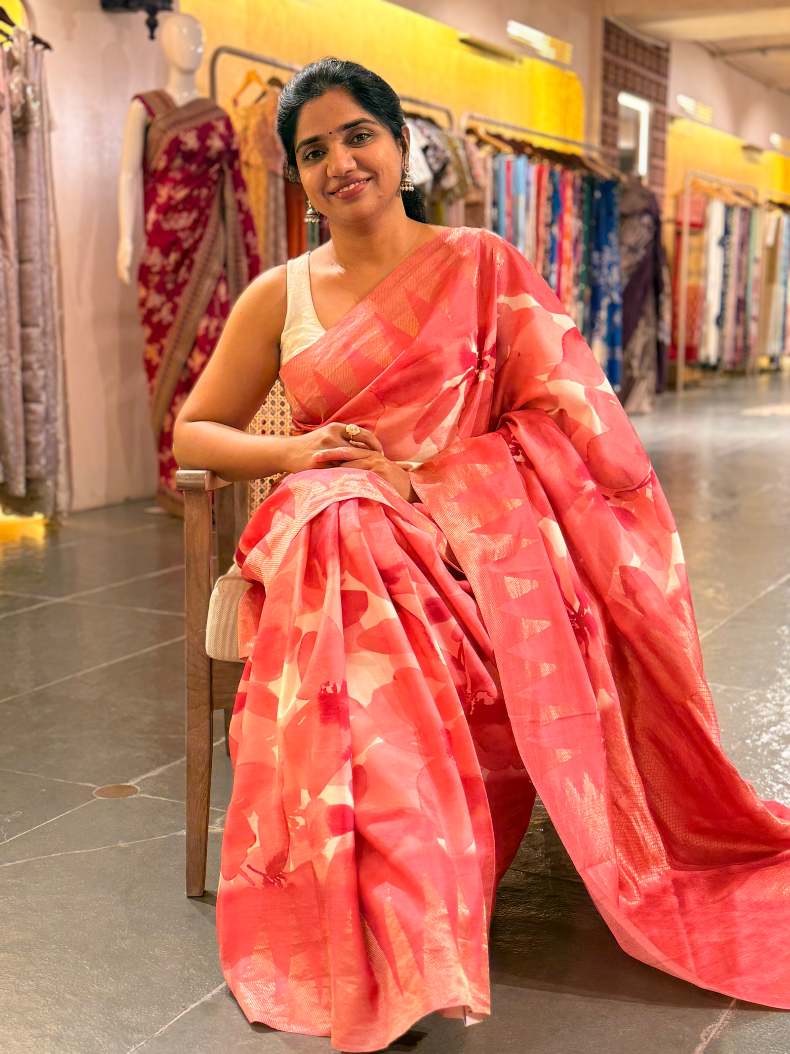 Coral Peach Pink Printed Kanchi Silk soft drape Saree with temple borders b